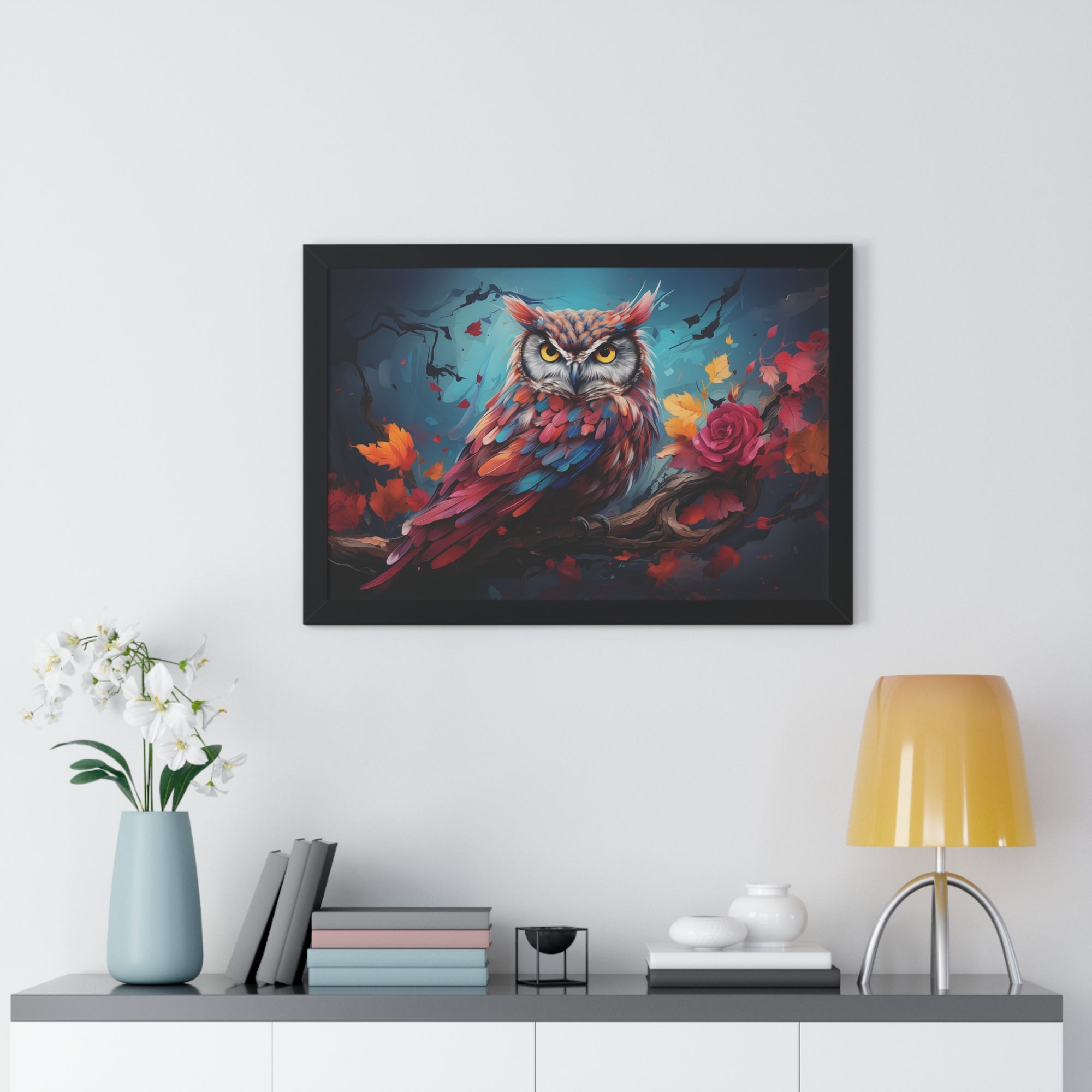 Crimson Perch —🌹Vibrant Owl Wall Art with Autumn Bloom