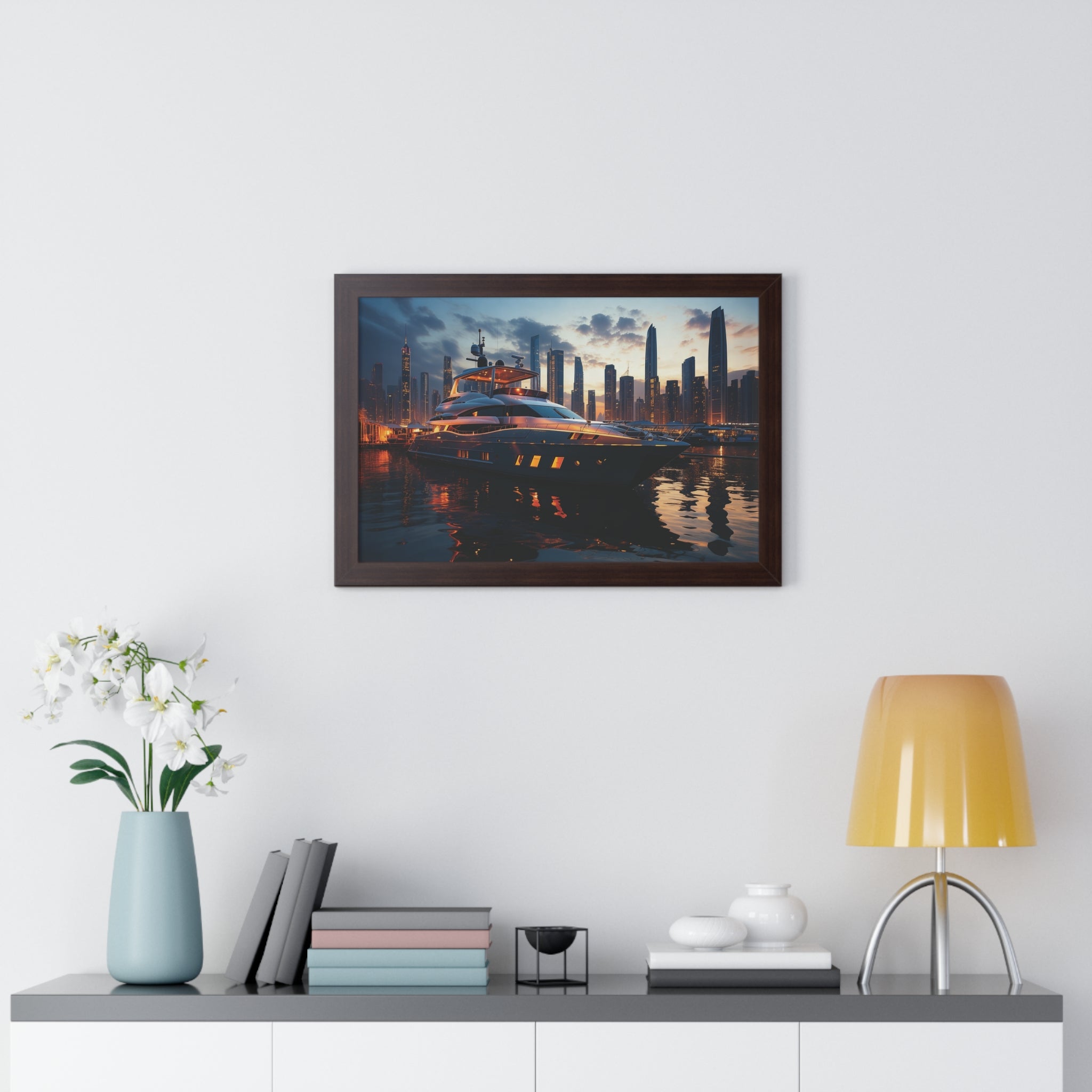 Framed Luxury Yacht at Sunset – Unique Marina Cityscape Wall Art