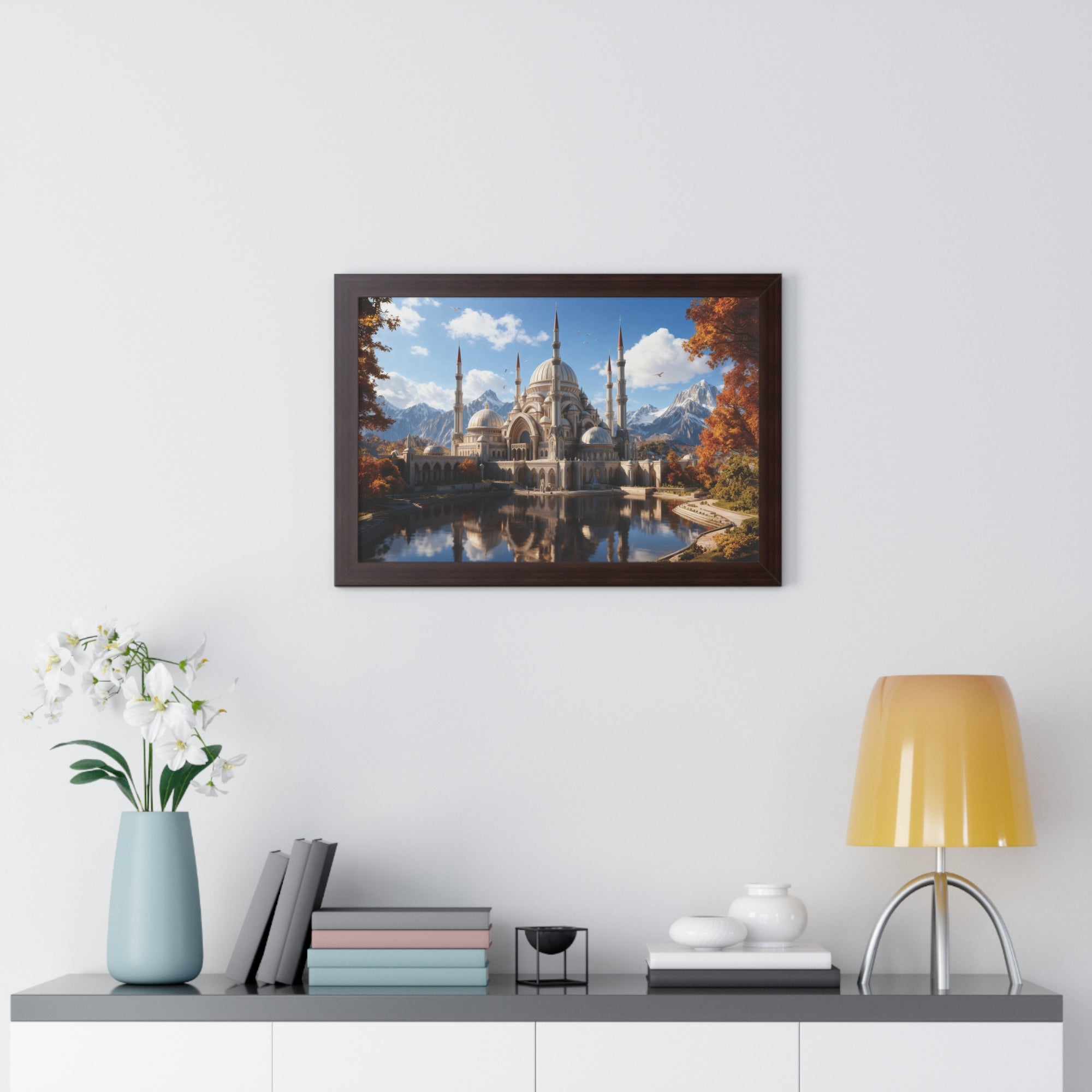 Echoes of Elevation – Majestic Mosque Reflections Framed Wall Art