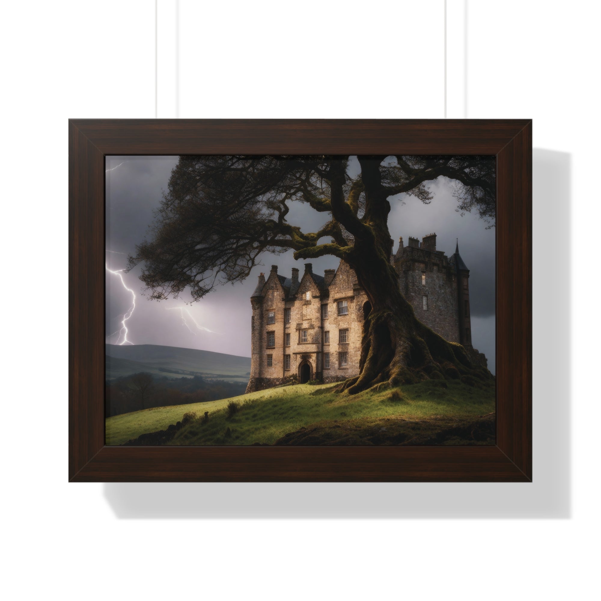 Haunted Scottish Castle Wall Art – Lightning Storm & Ancient Tree Landscape Print