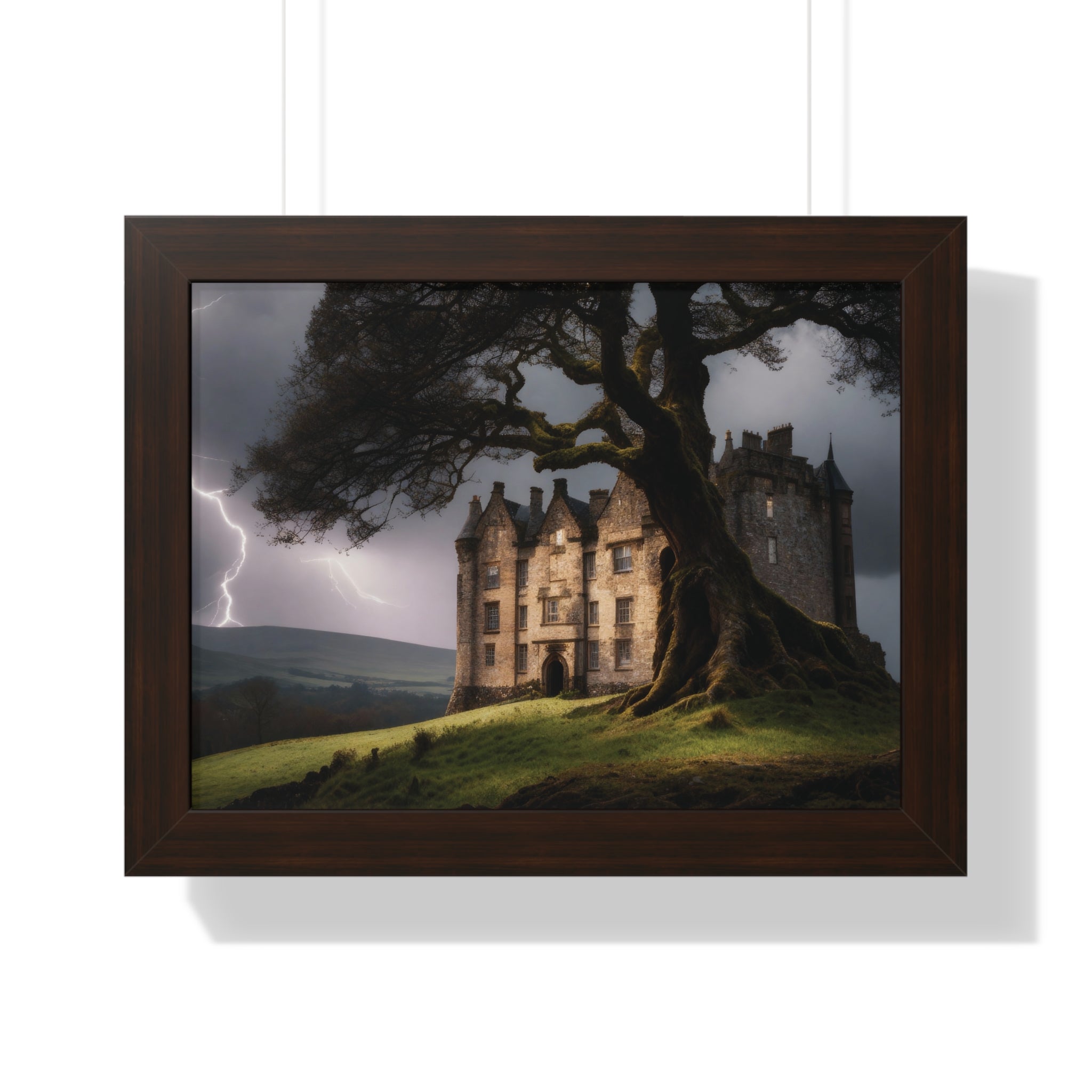 Haunted Scottish Castle Wall Art – Lightning Storm & Ancient Tree Landscape Print