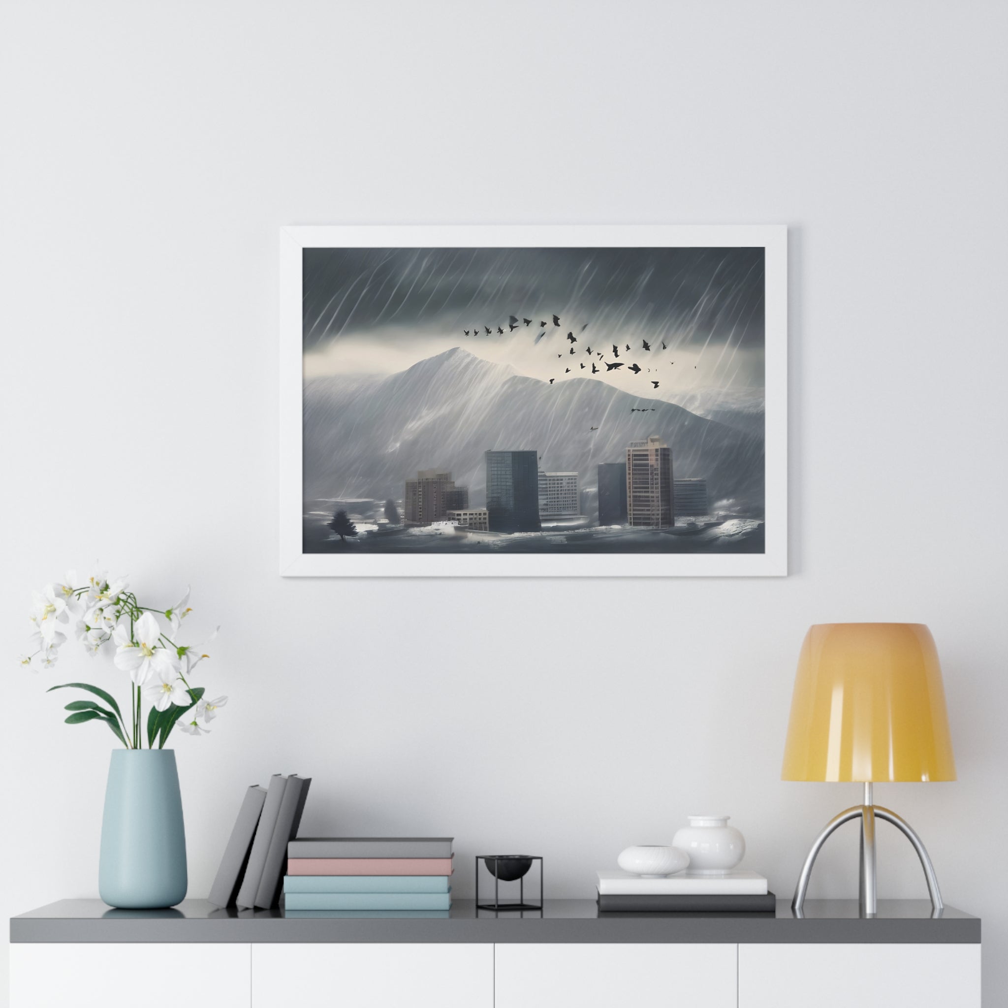 Urban Downpour with Birds in Flight – Futuristic Wall Print