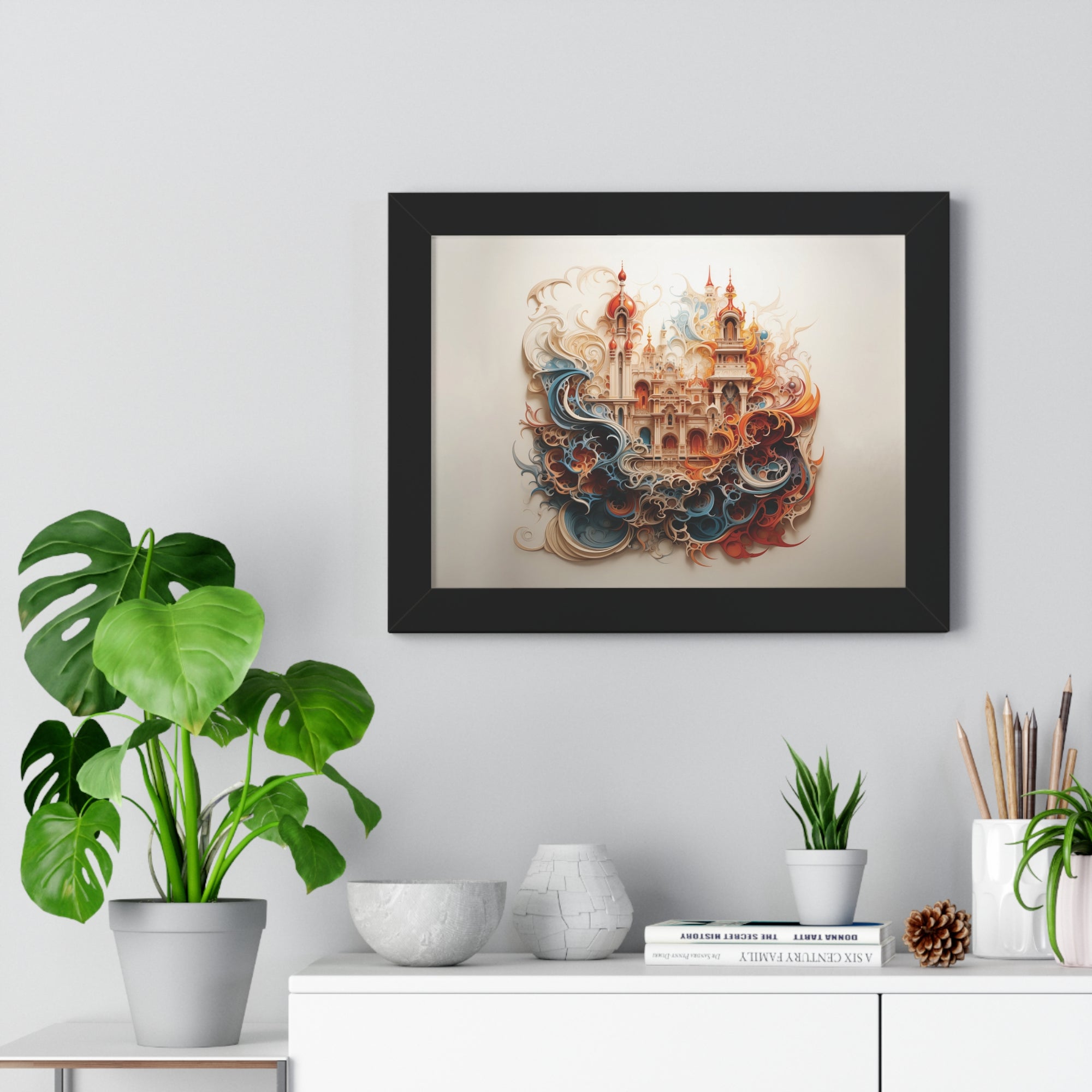 Whimsical Citadel – Mosque Themed Framed Wall Art in Swirling Hues
