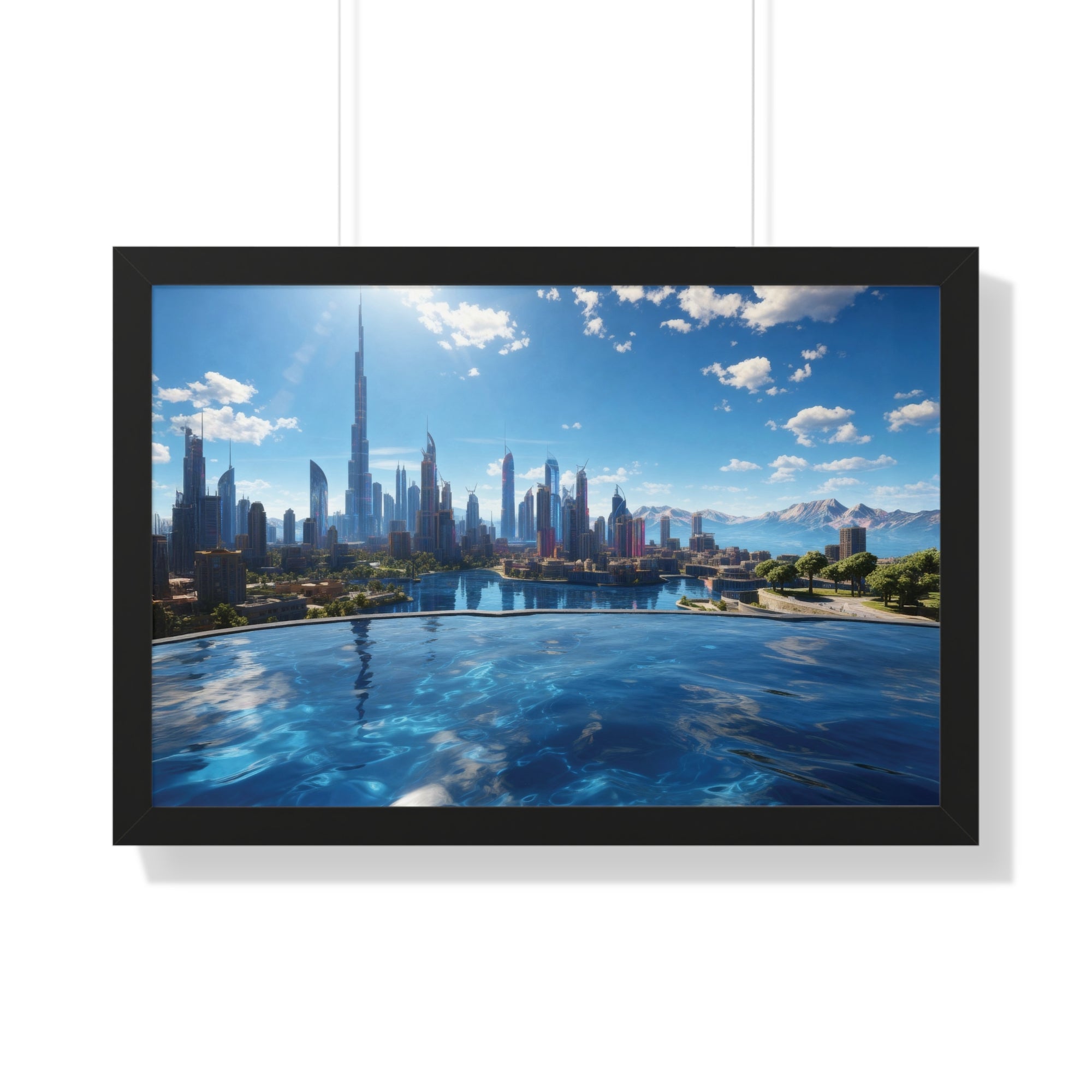 Infinity Pool Skyline View – Framed Luxury Wall Art with Cityscape and Mountain Backdrop