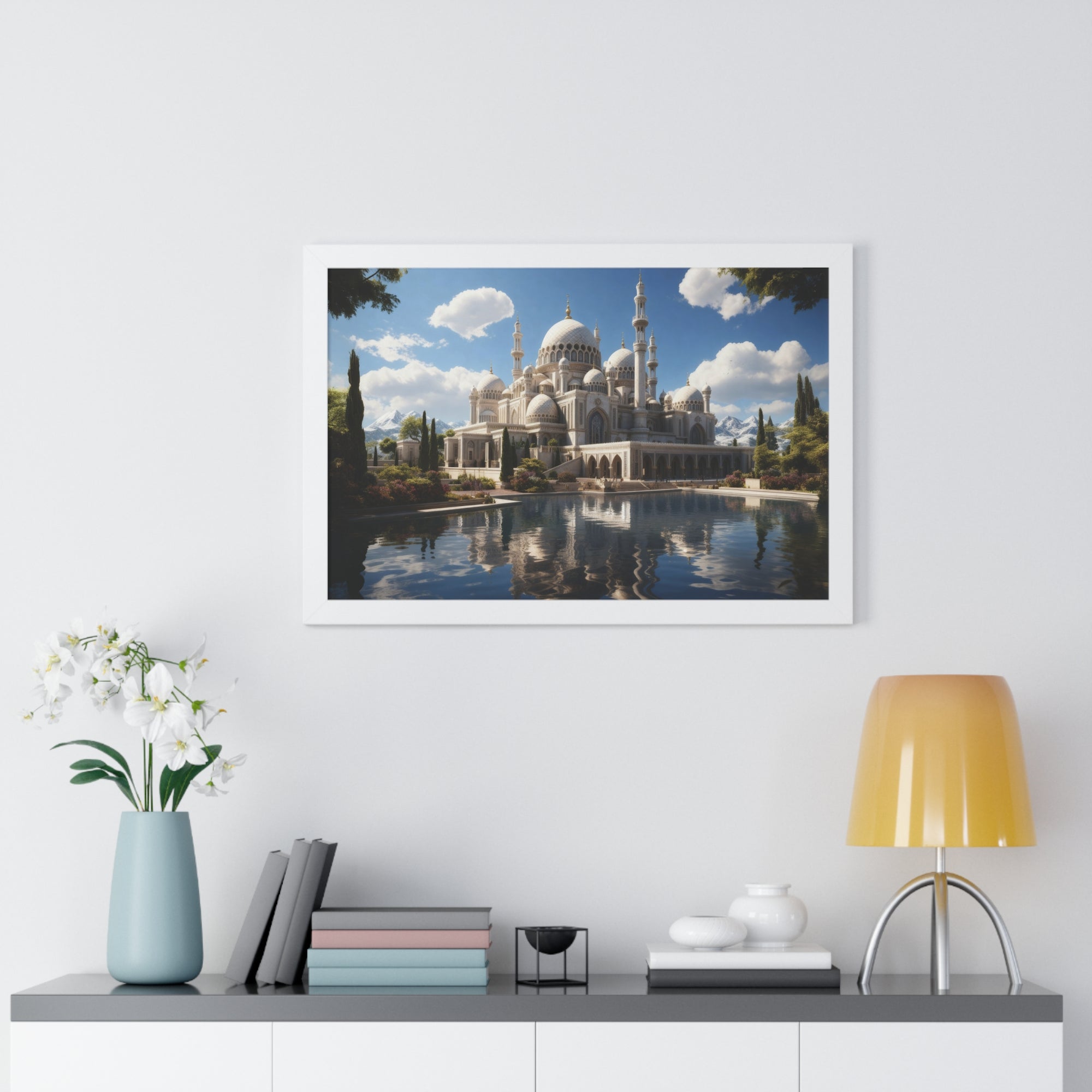 Reflections of Faith – Framed Islamic Mosque Wall Art with Scenic Lake & Mountain Backdrop