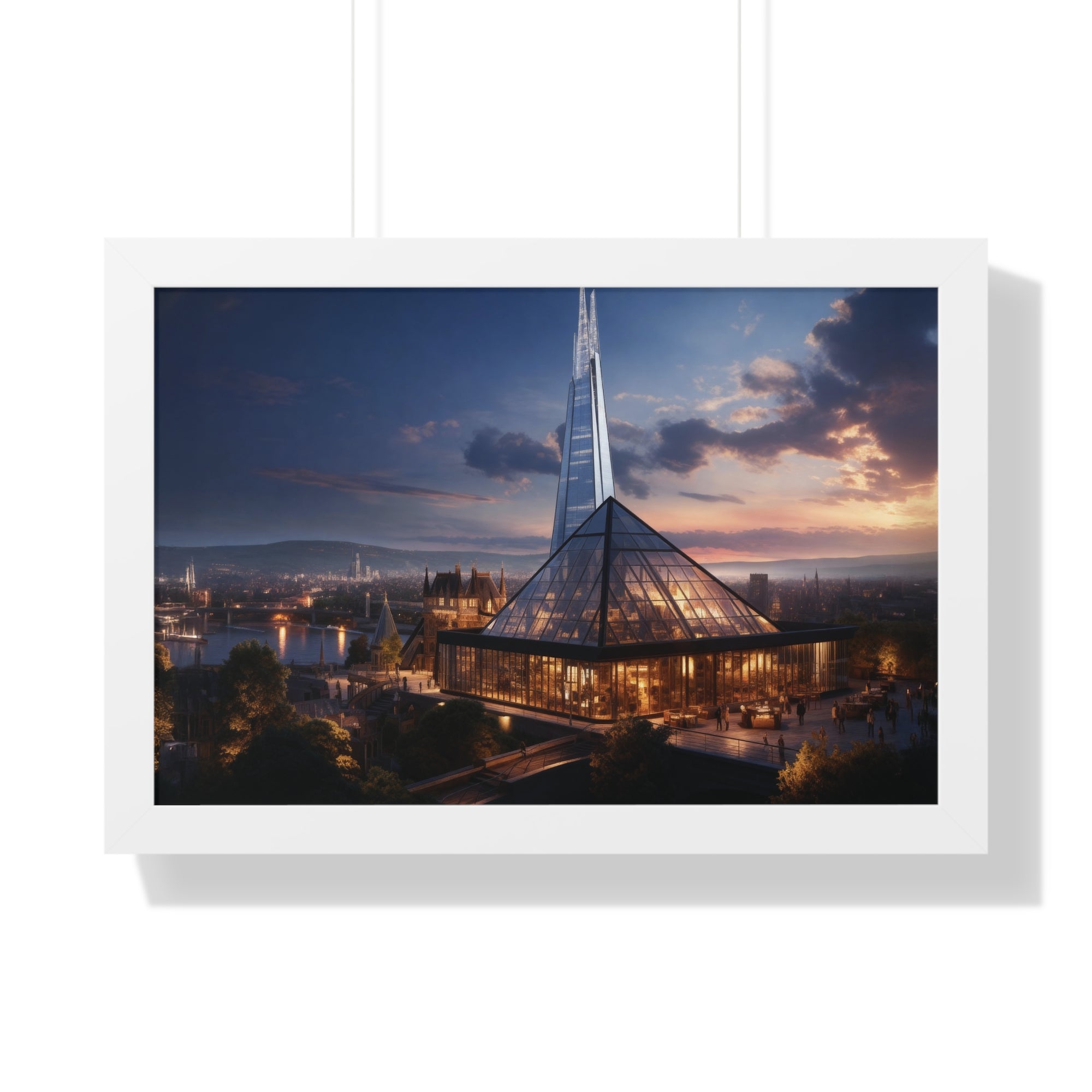 Futuristic Twilight: Glass Spire & Pyramid Skyline – Illuminated Architecture Wall Art