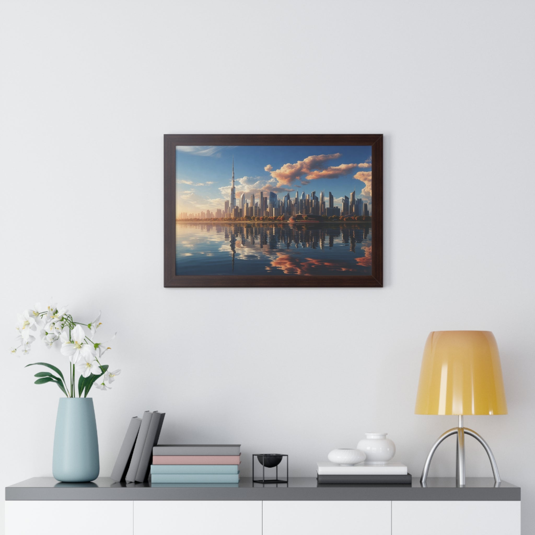 Framed Dubai Sunset Cityscape – Luxury Wall Art with Burj Khalifa for Elegant Interiors