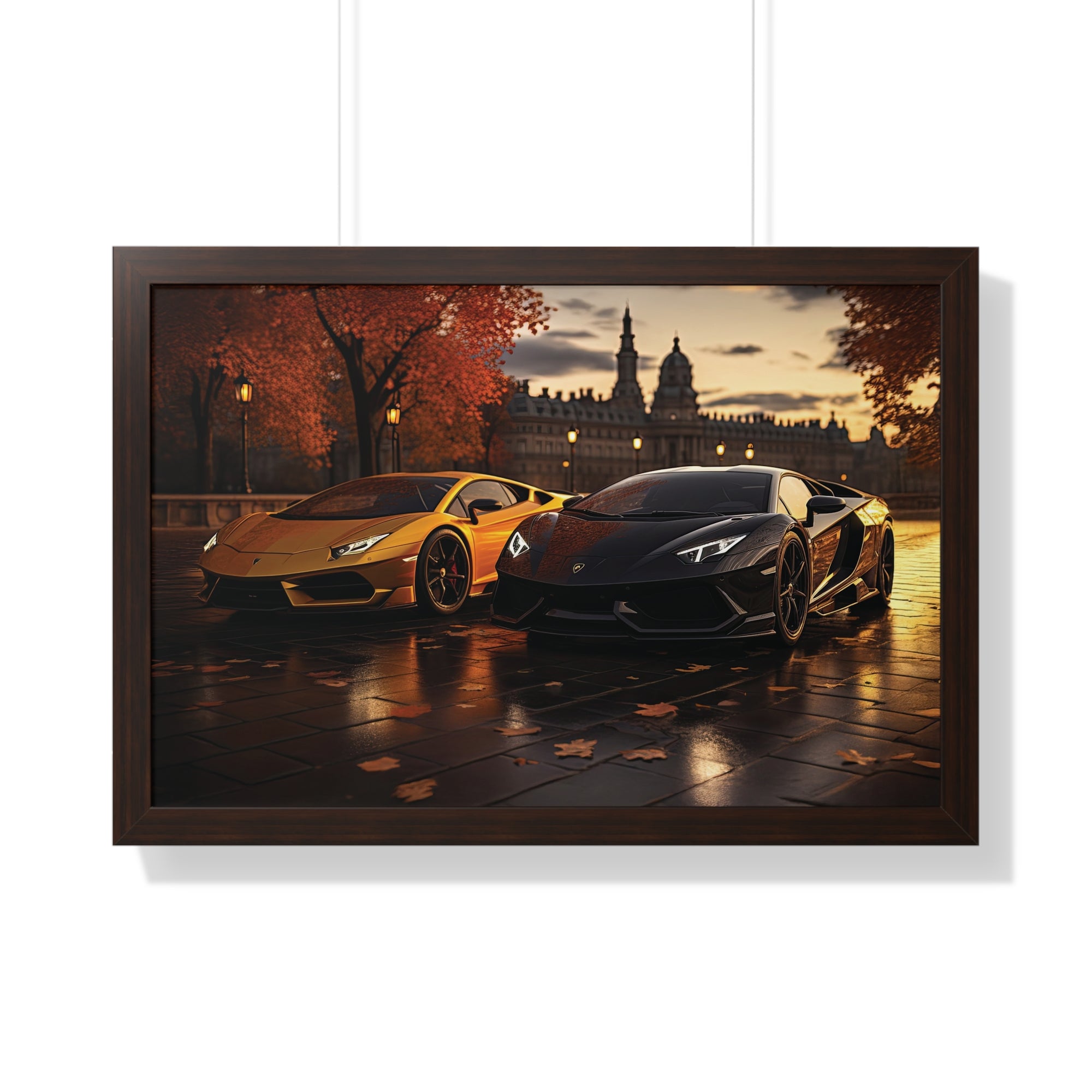 Gold Lamborghini Huracán and a Black Lamborghini Aventador – Premium Framed Print