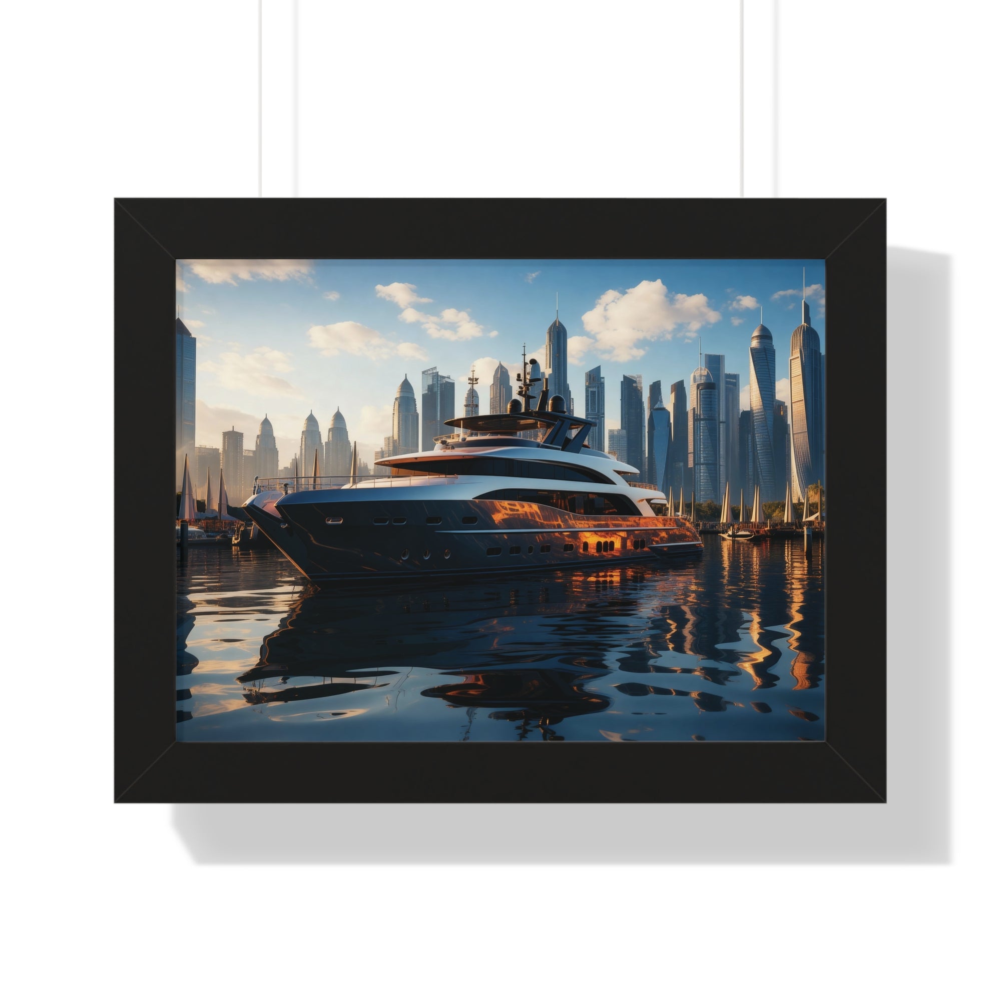 Luxury Yacht Marina at Sunset – Framed Cityscape Wall Art for Modern Interiors
