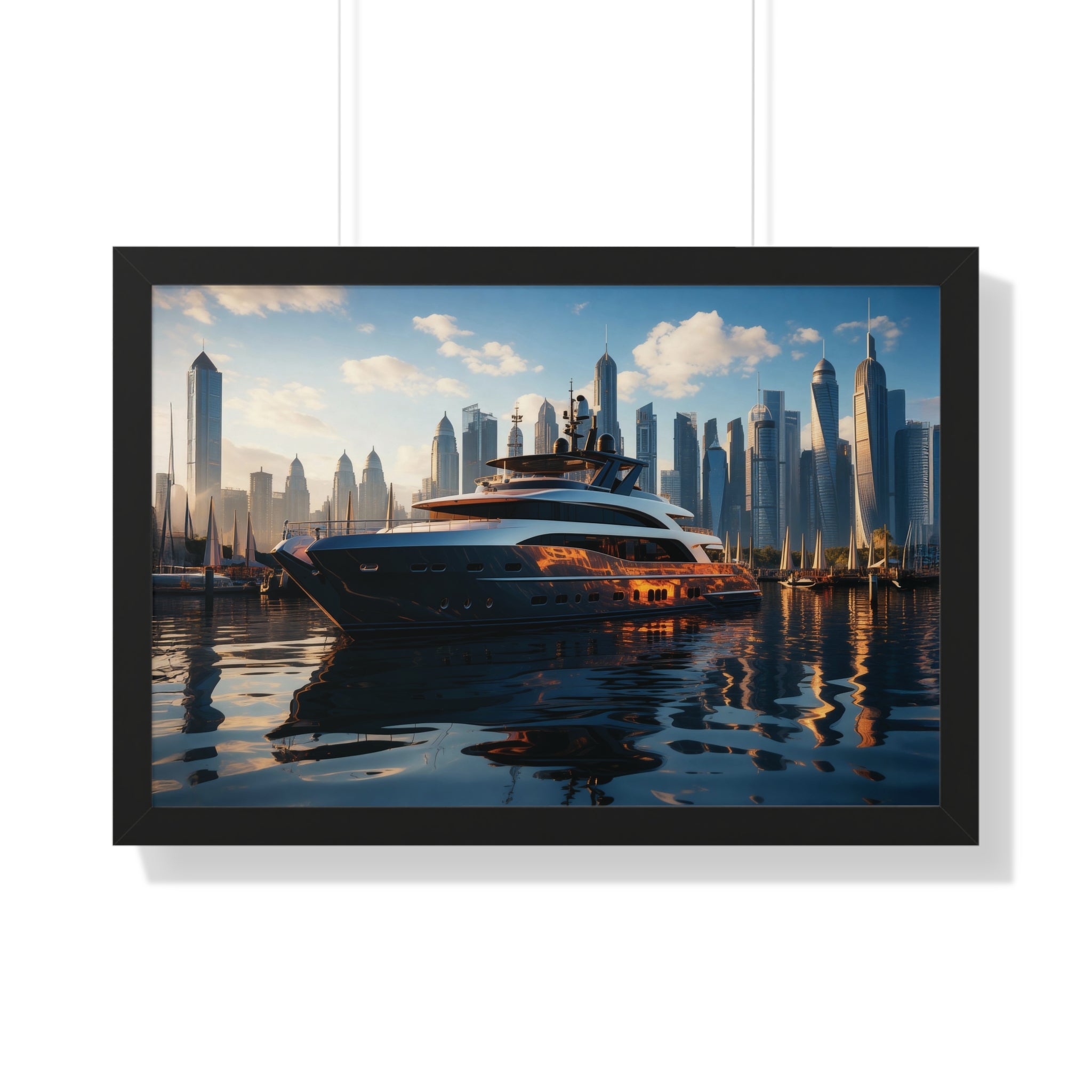 Luxury Yacht Marina at Sunset – Framed Cityscape Wall Art for Modern Interiors