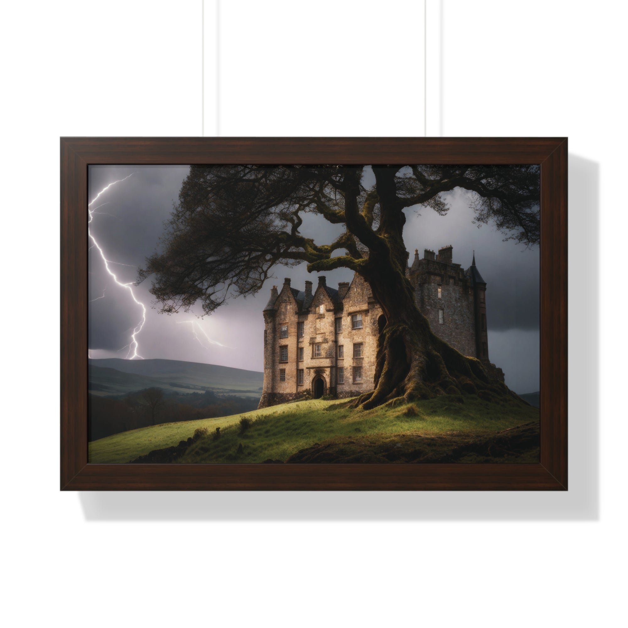 Haunted Scottish Castle Wall Art – Lightning Storm & Ancient Tree Landscape Print