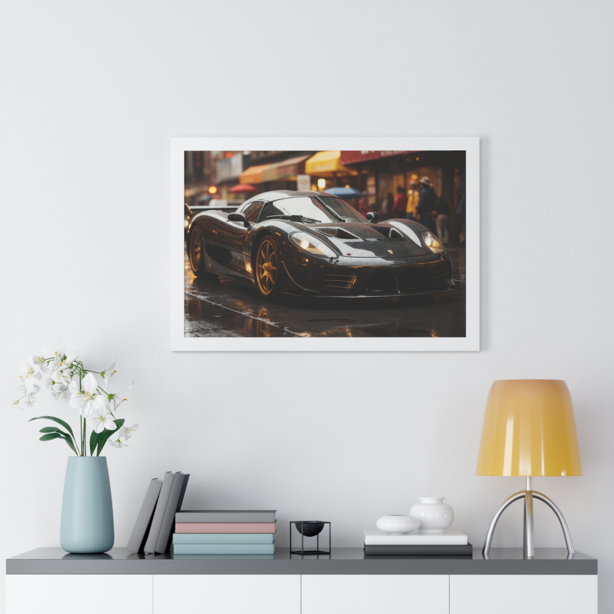 Exotic Black Ferrari F50 Framed Horizontal Poster – Supercar Wall Art for Car Enthusiasts