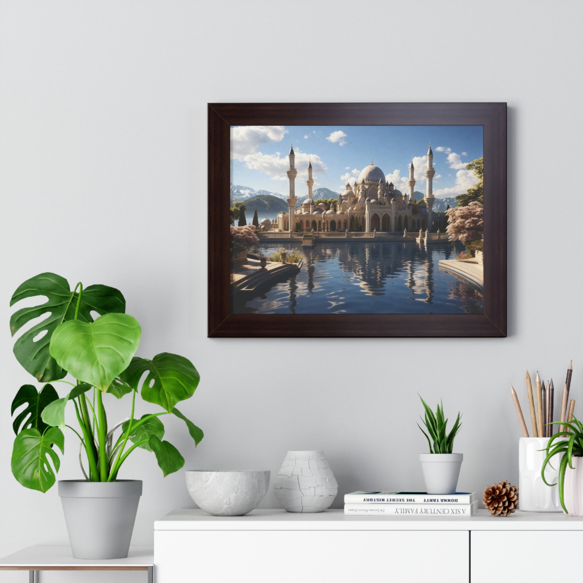 Mirrored Tranquility – Framed Mosque by the Lake Wall Art