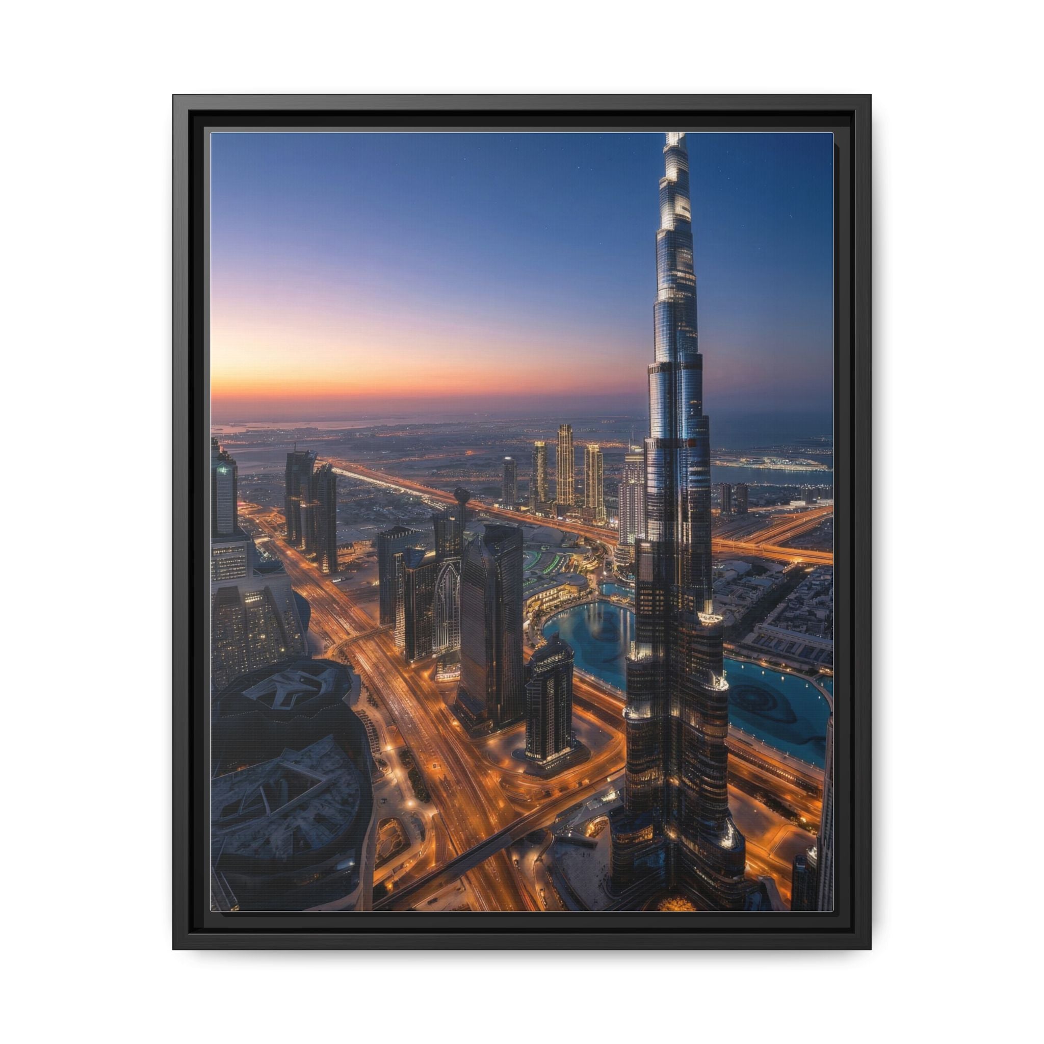 Framed Dubai Skyline at Dusk – Stunning Cityscape Wall Art