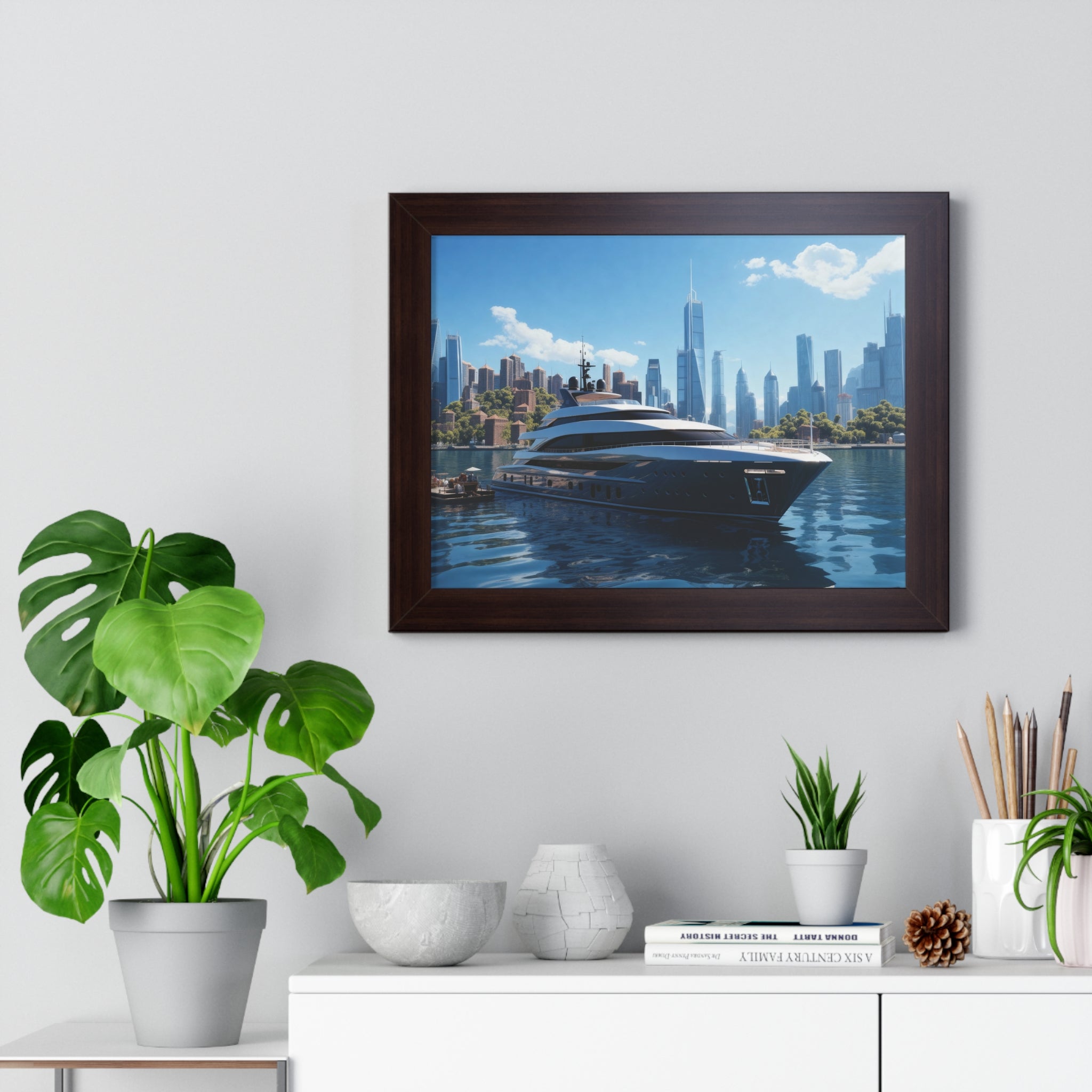Luxury Waterfront Serenity – Framed Yacht & Skyline Wall Decor