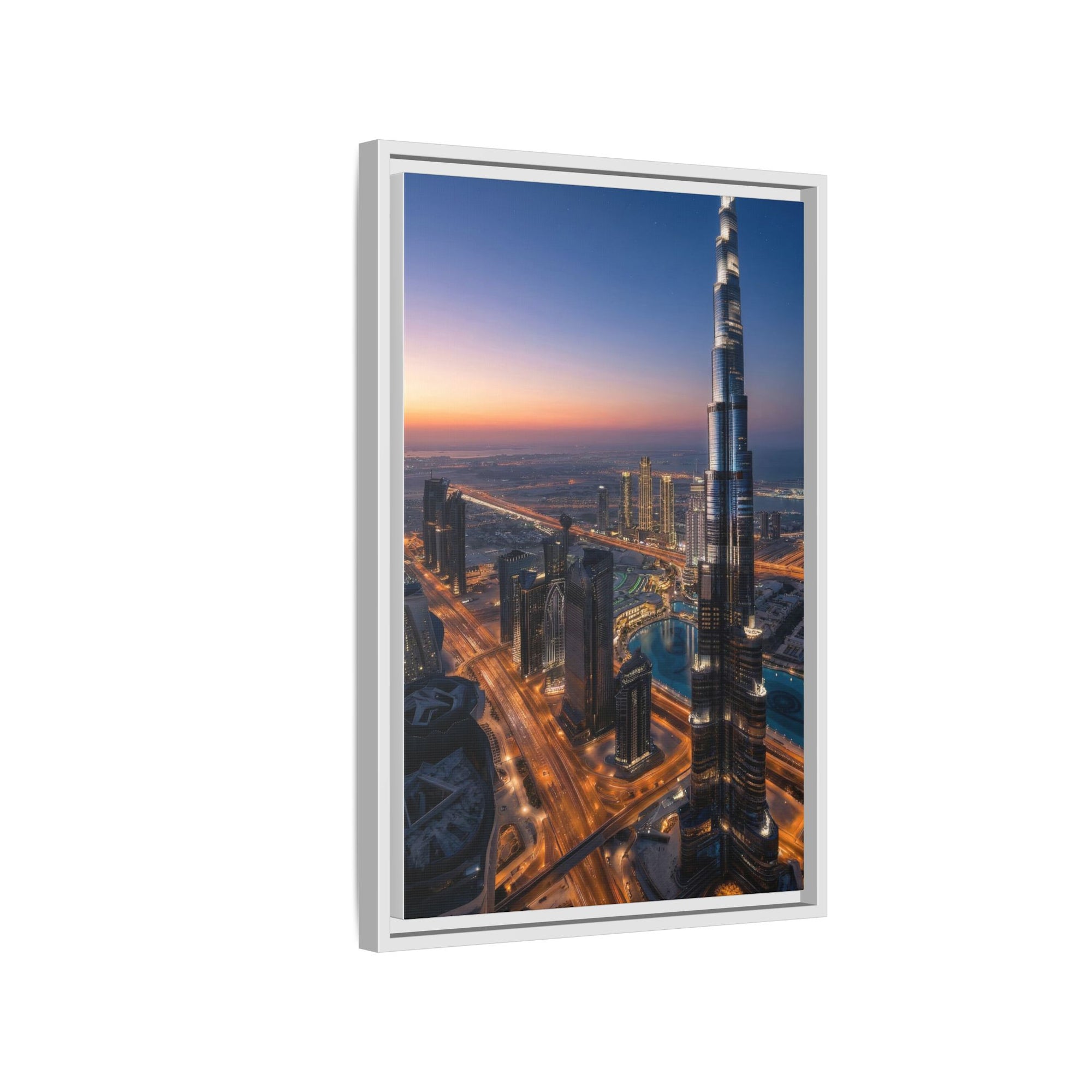 Framed Dubai Skyline at Dusk – Stunning Cityscape Wall Art