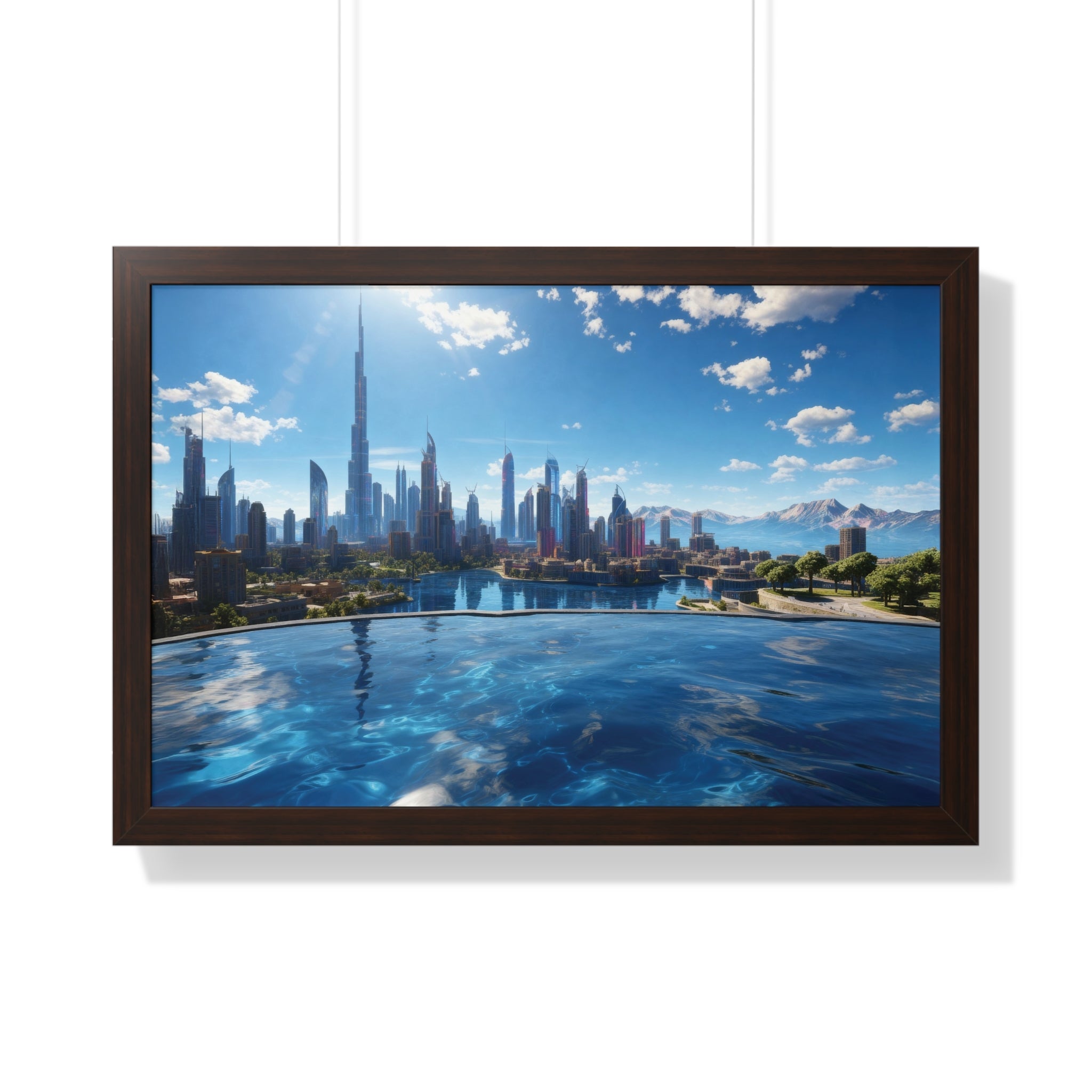 Infinity Pool Skyline View – Framed Luxury Wall Art with Cityscape and Mountain Backdrop
