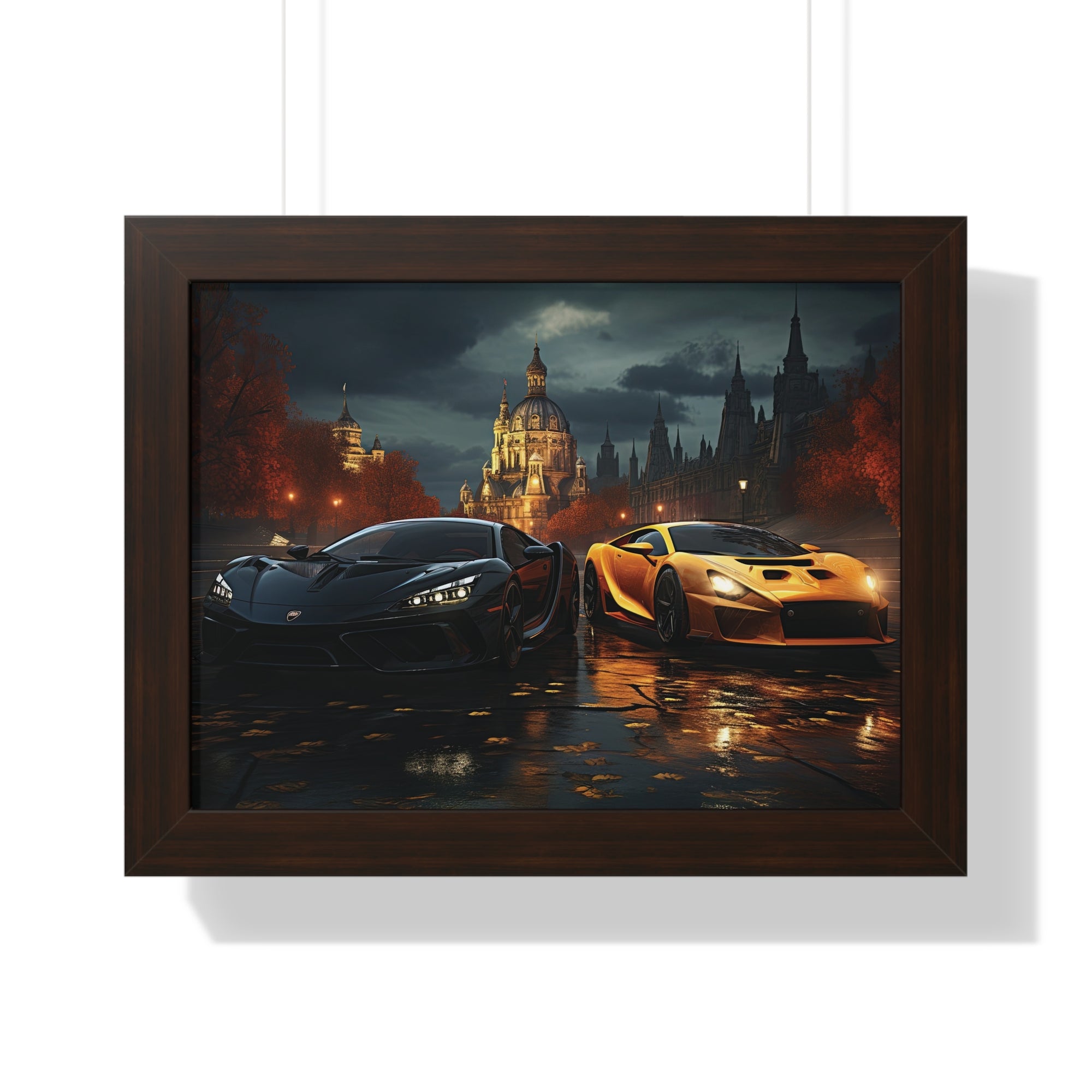 Two Lamborghinis set outside a illuminated Grand Building under a Cloudy Sky