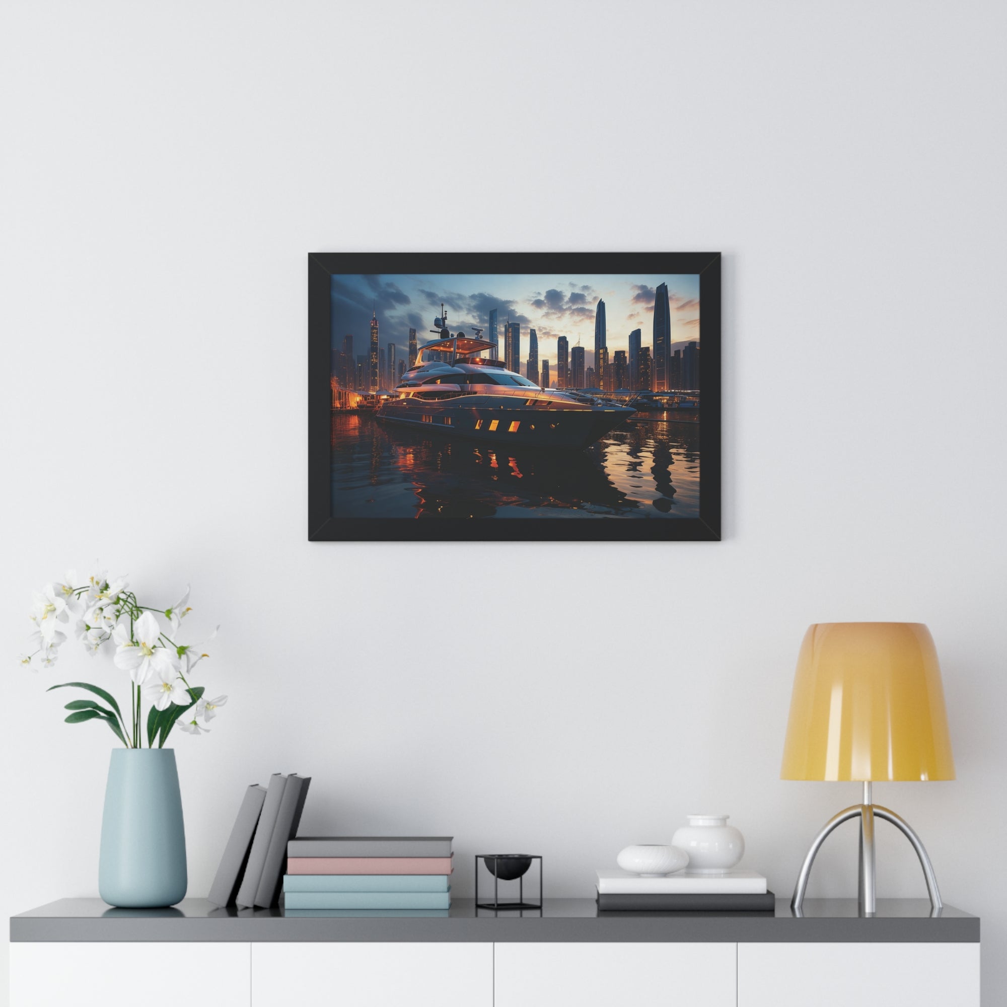 Framed Luxury Yacht at Sunset – Unique Marina Cityscape Wall Art