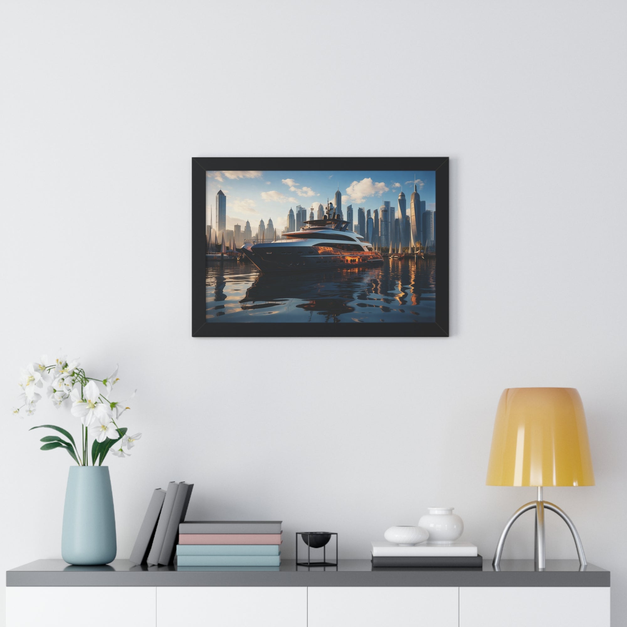 Luxury Yacht Marina at Sunset – Framed Cityscape Wall Art for Modern Interiors