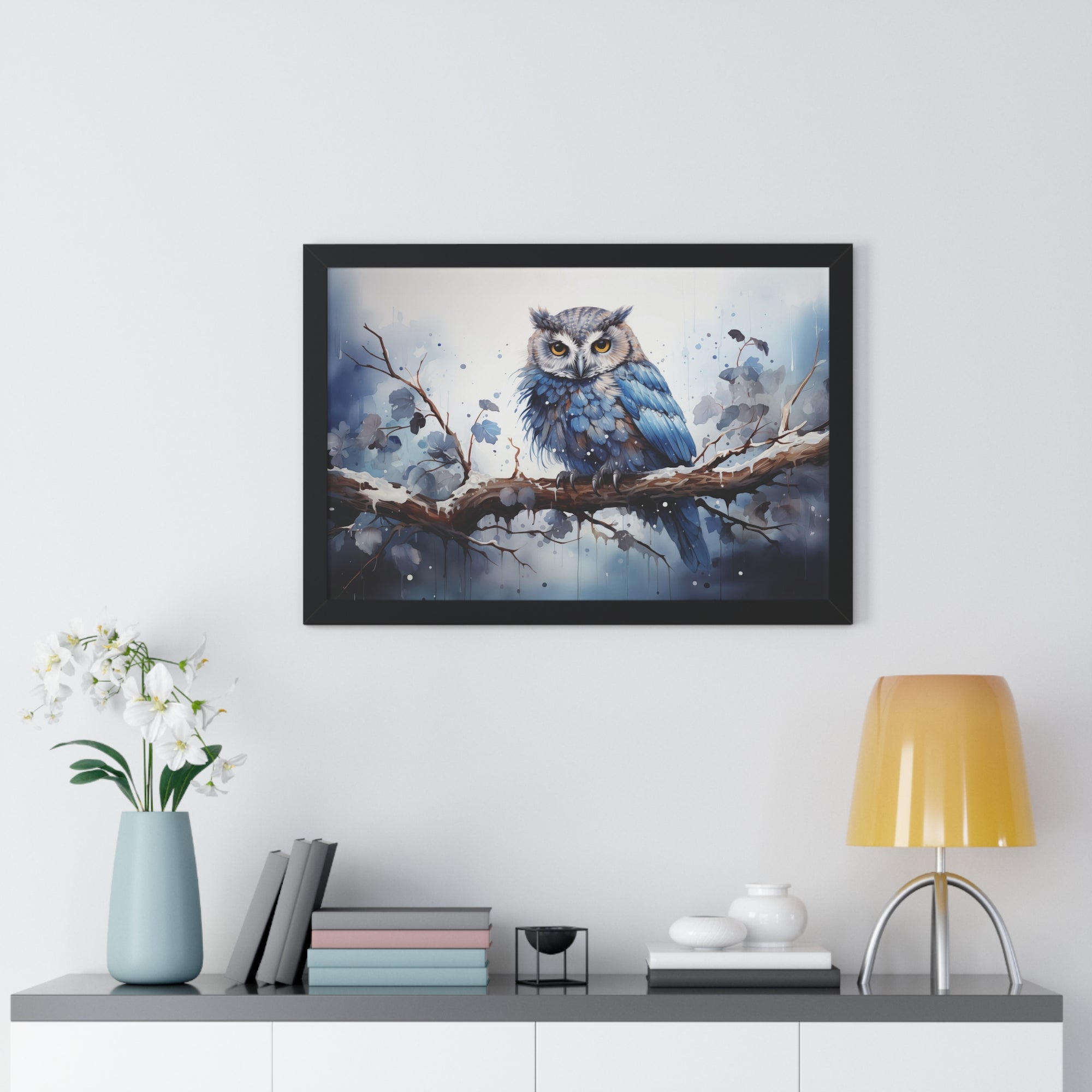 Winter❄️Watcher — Blue Owl Watercolor Print on Snowy Perch