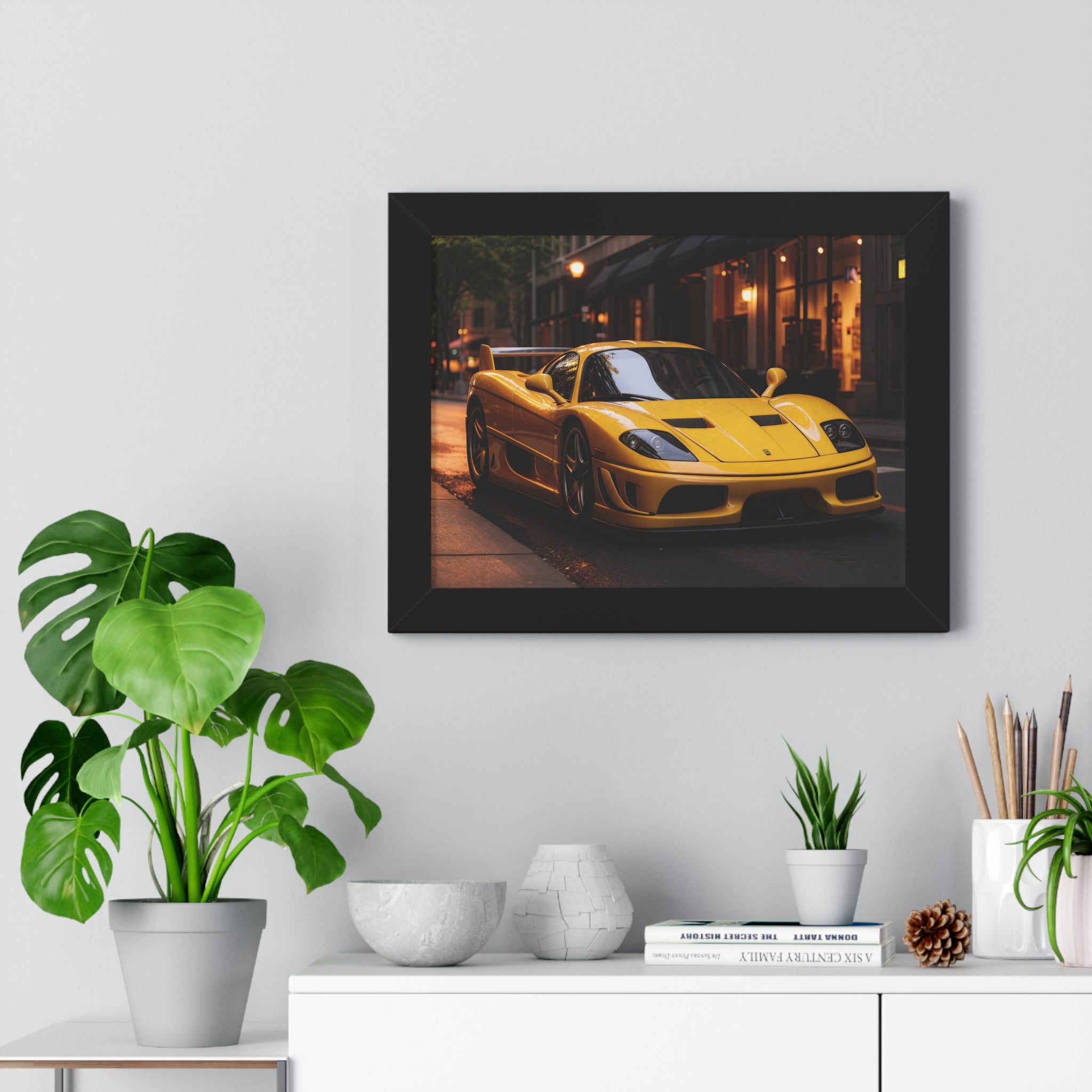 Framed Supercar Poster – Yellow Ferrari F50 in Manhattan