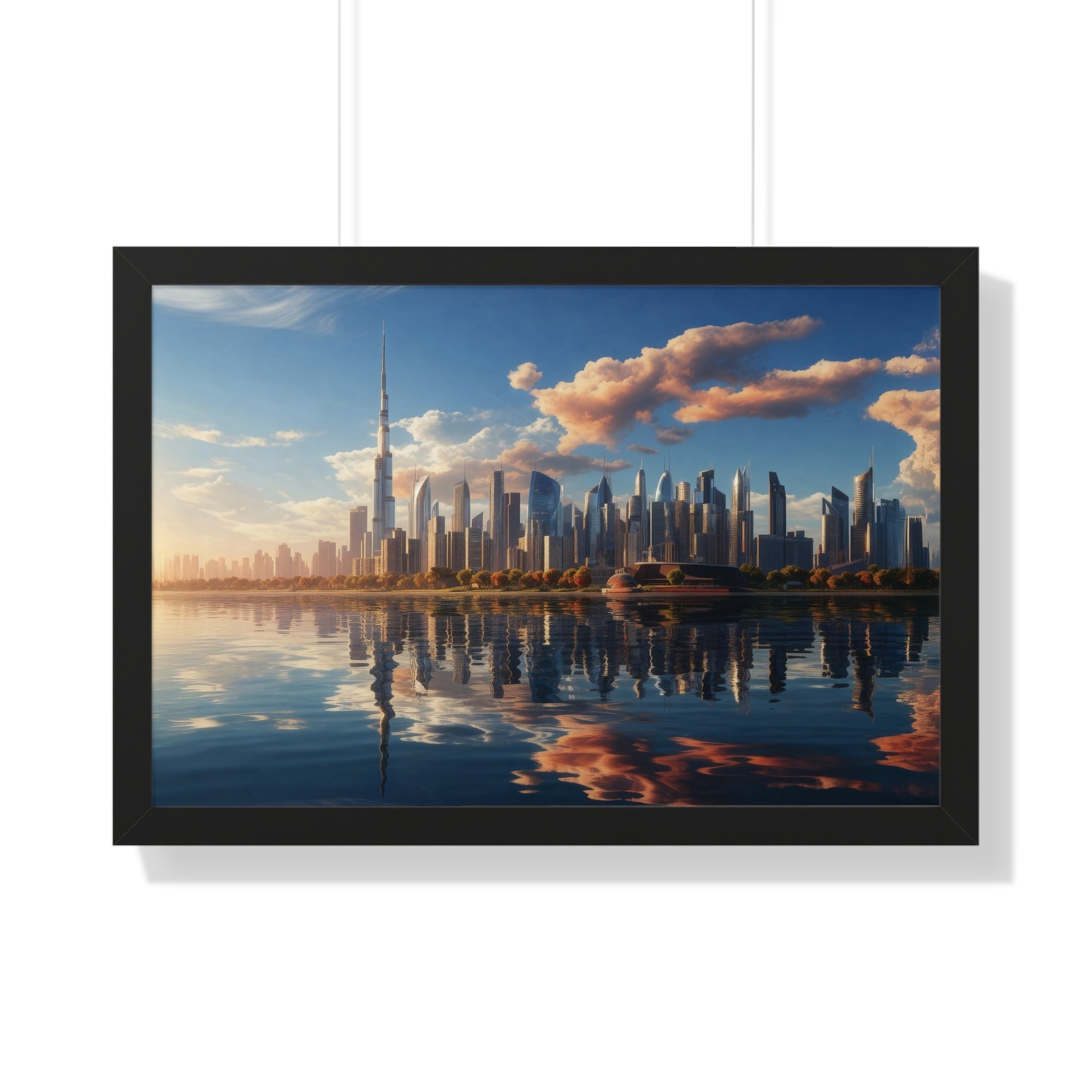 Framed Dubai Sunset Cityscape – Luxury Wall Art with Burj Khalifa for Elegant Interiors