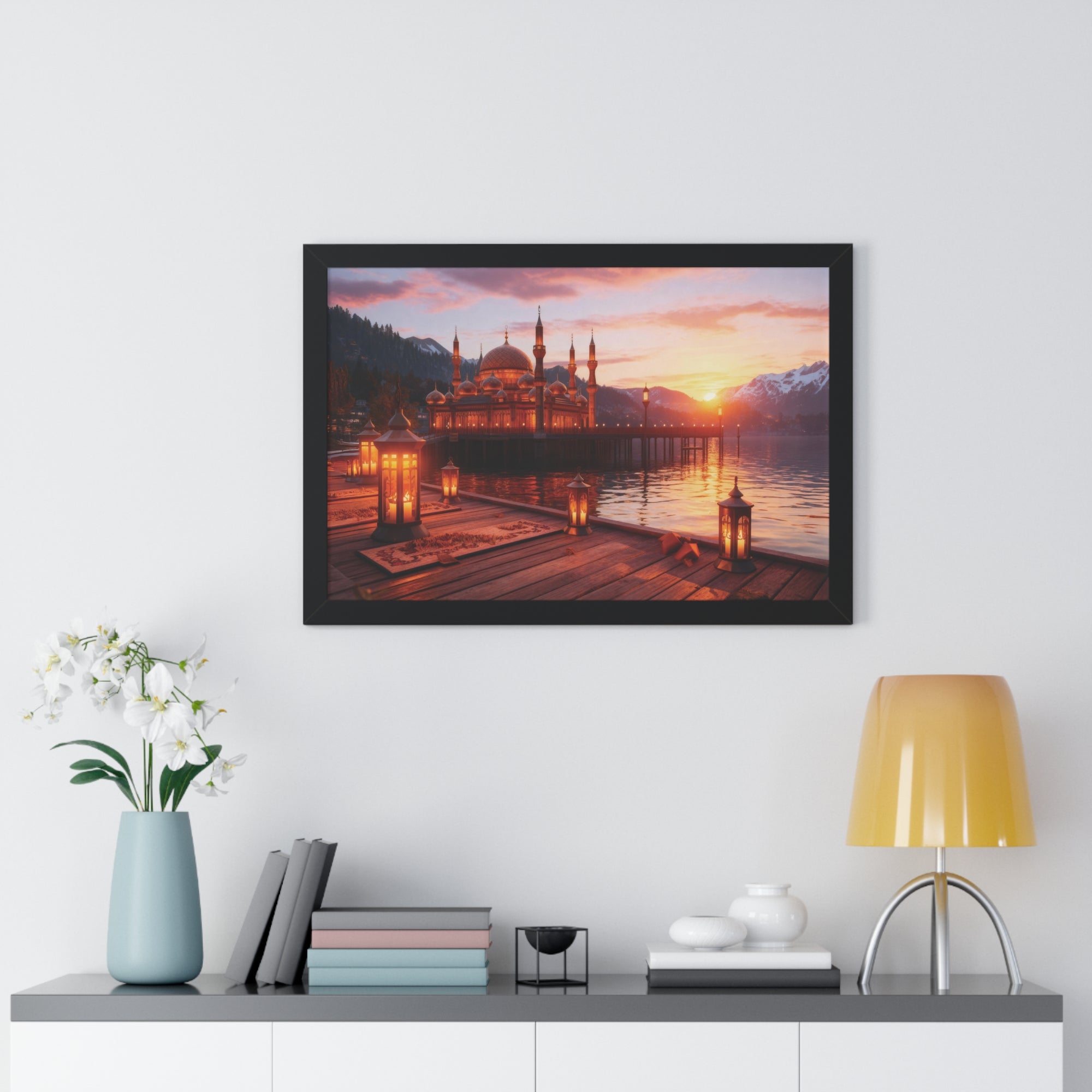 Twilight Serenity – Illuminated Mosque Reflections Framed Wall Art
