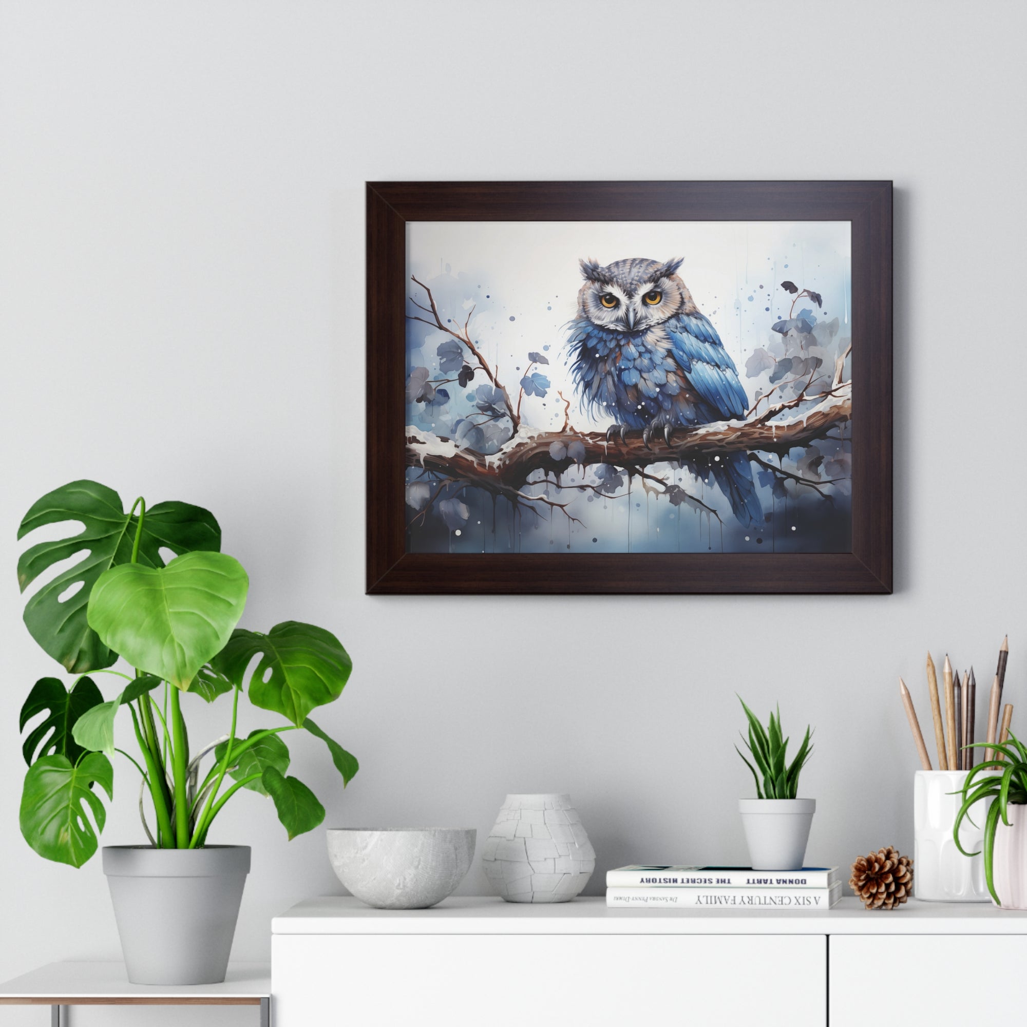 Winter❄️Watcher — Blue Owl Watercolor Print on Snowy Perch