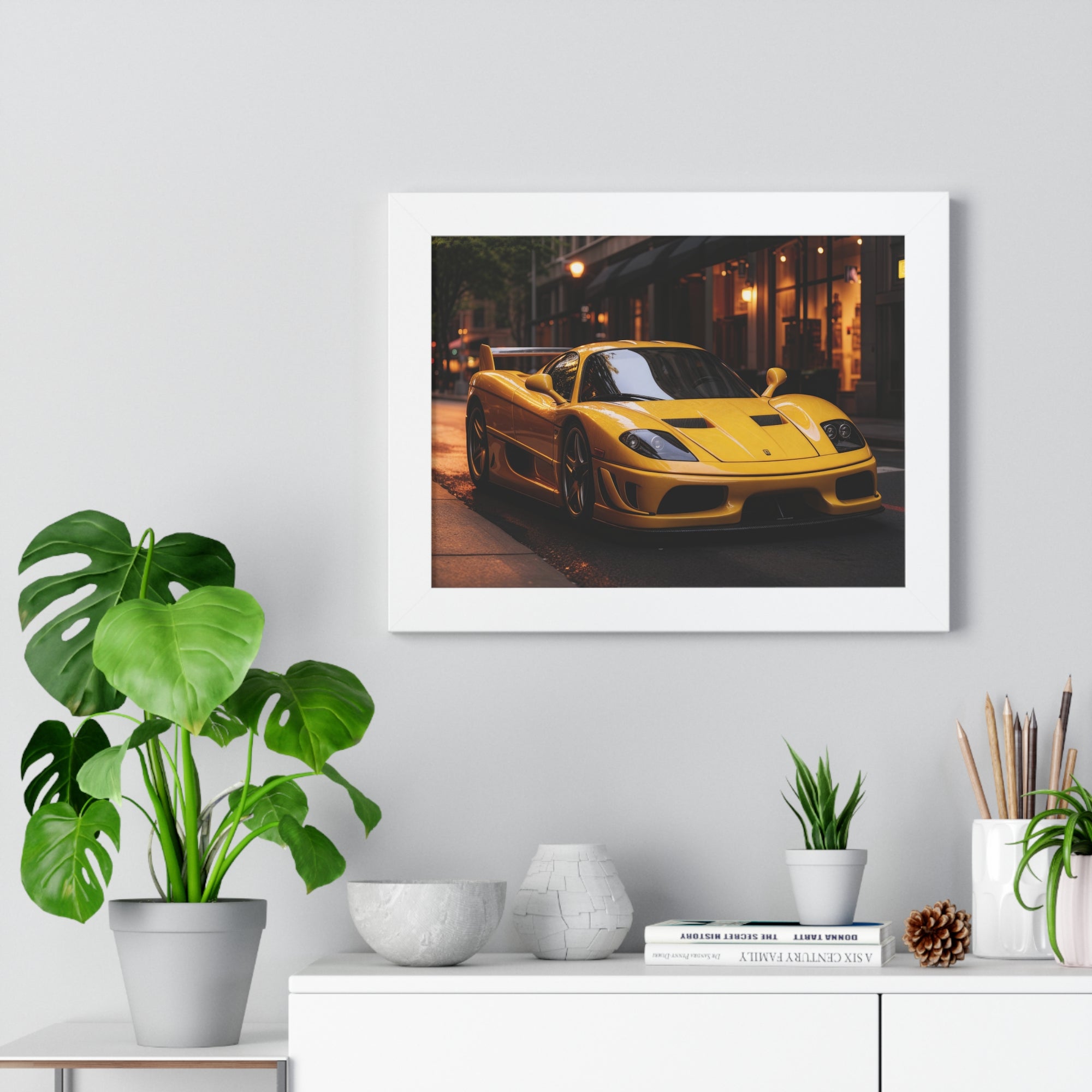 Framed Supercar Poster – Yellow Ferrari F50 in Manhattan