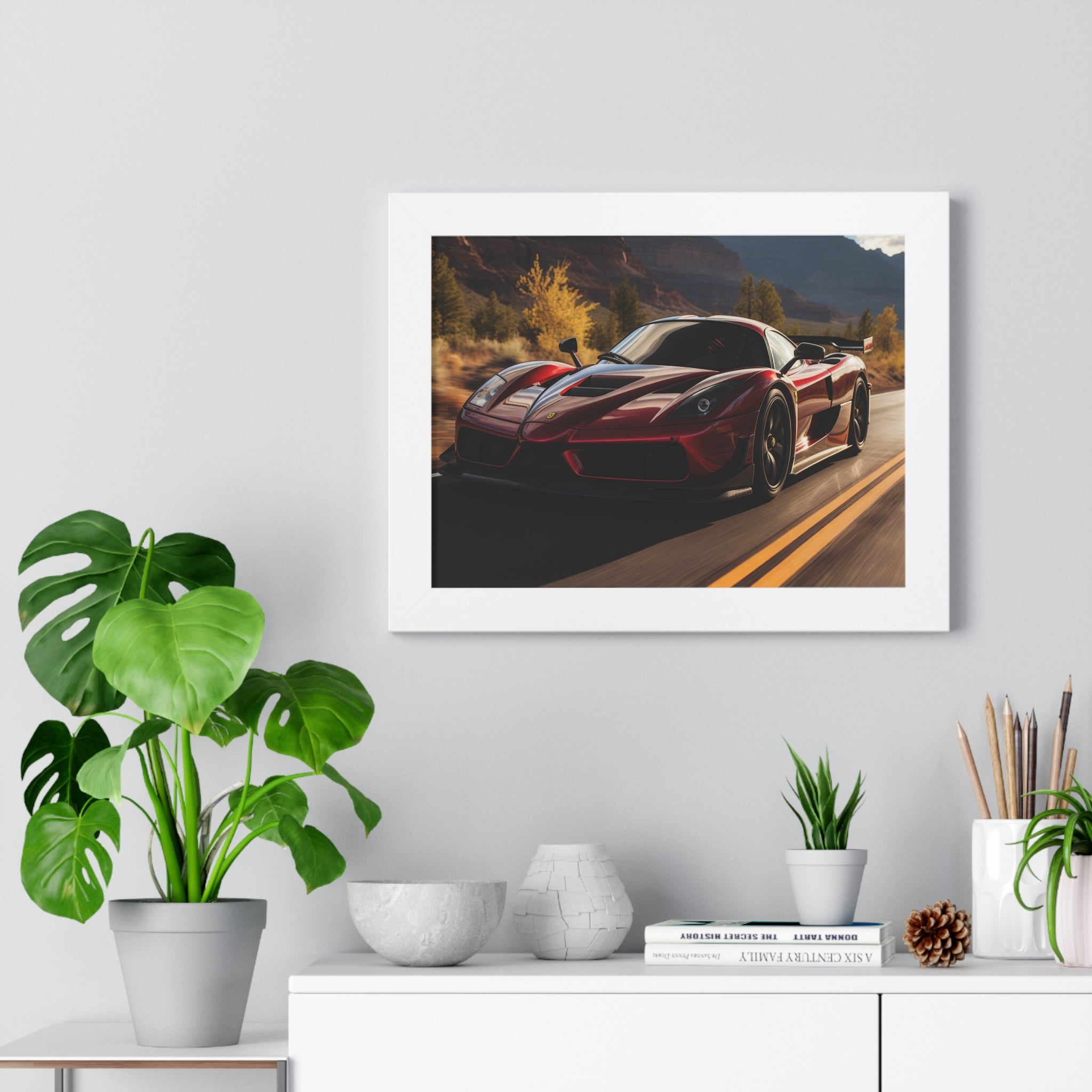 Red Ferrari F50 – Framed Poster in Majestic Mountain Setting