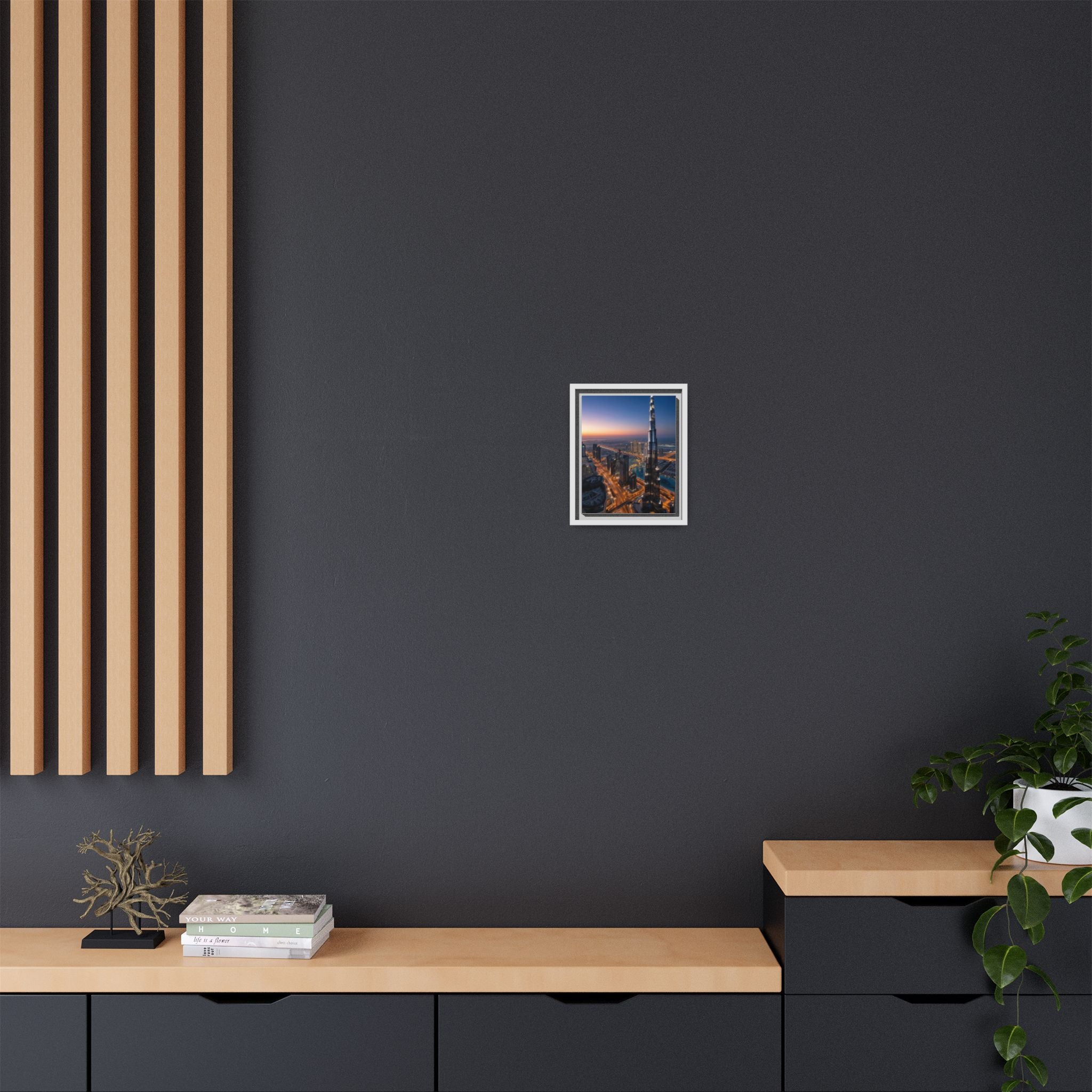 Framed Dubai Skyline at Dusk – Stunning Cityscape Wall Art