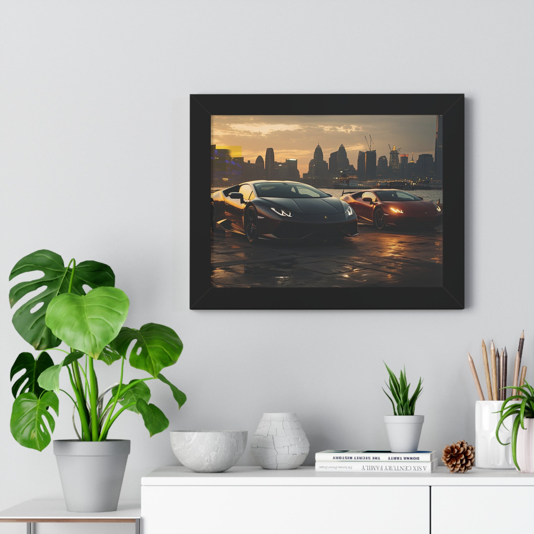 Lamborghinis Parked on a Waterfront at Sunset