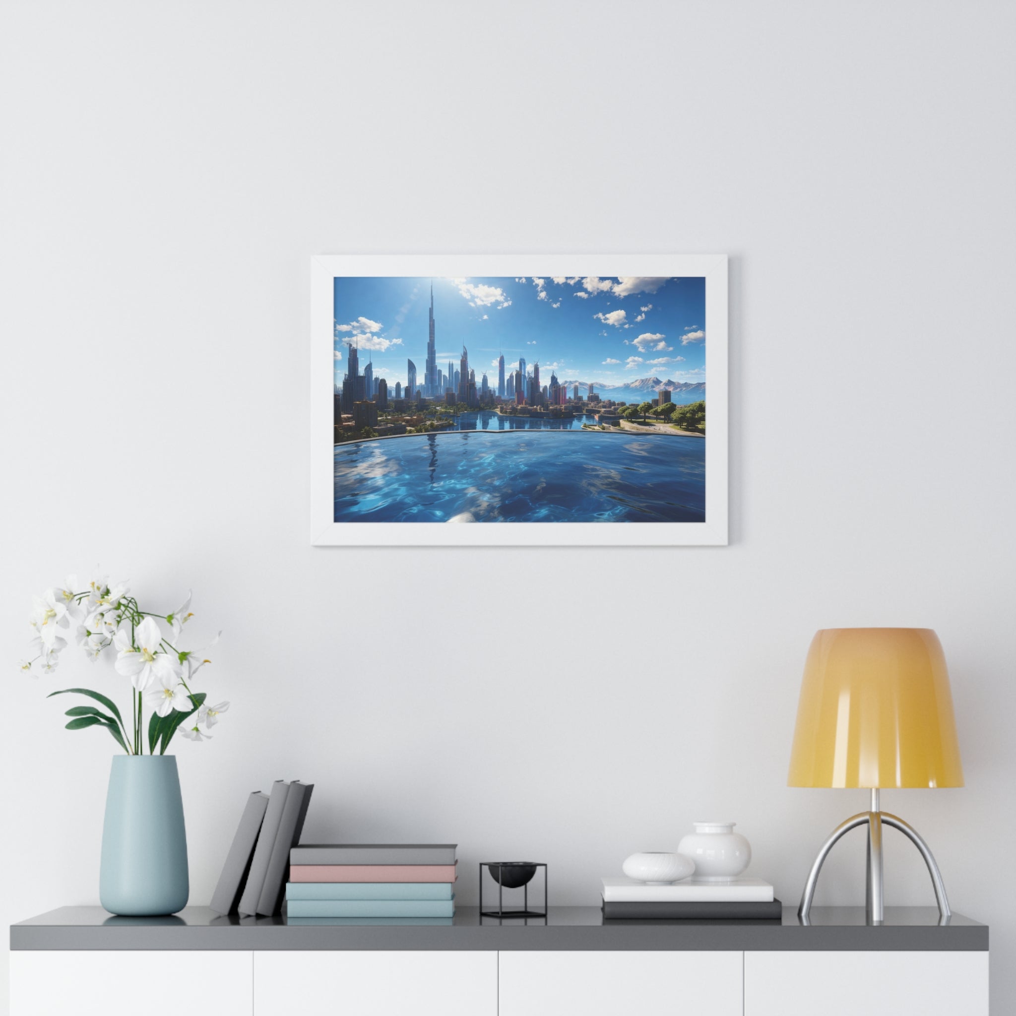 Infinity Pool Skyline View – Framed Luxury Wall Art with Cityscape and Mountain Backdrop