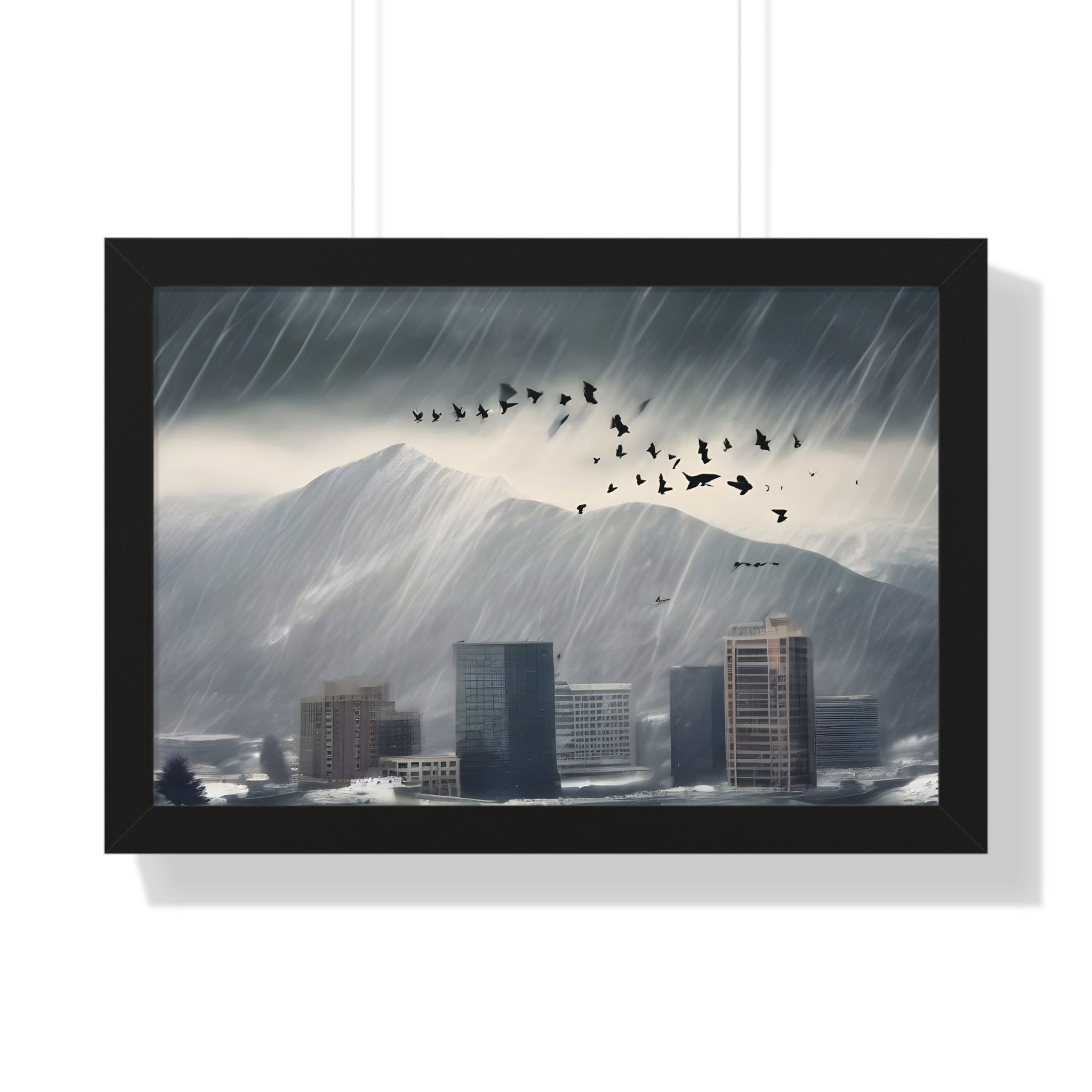 Urban Downpour with Birds in Flight – Futuristic Wall Print
