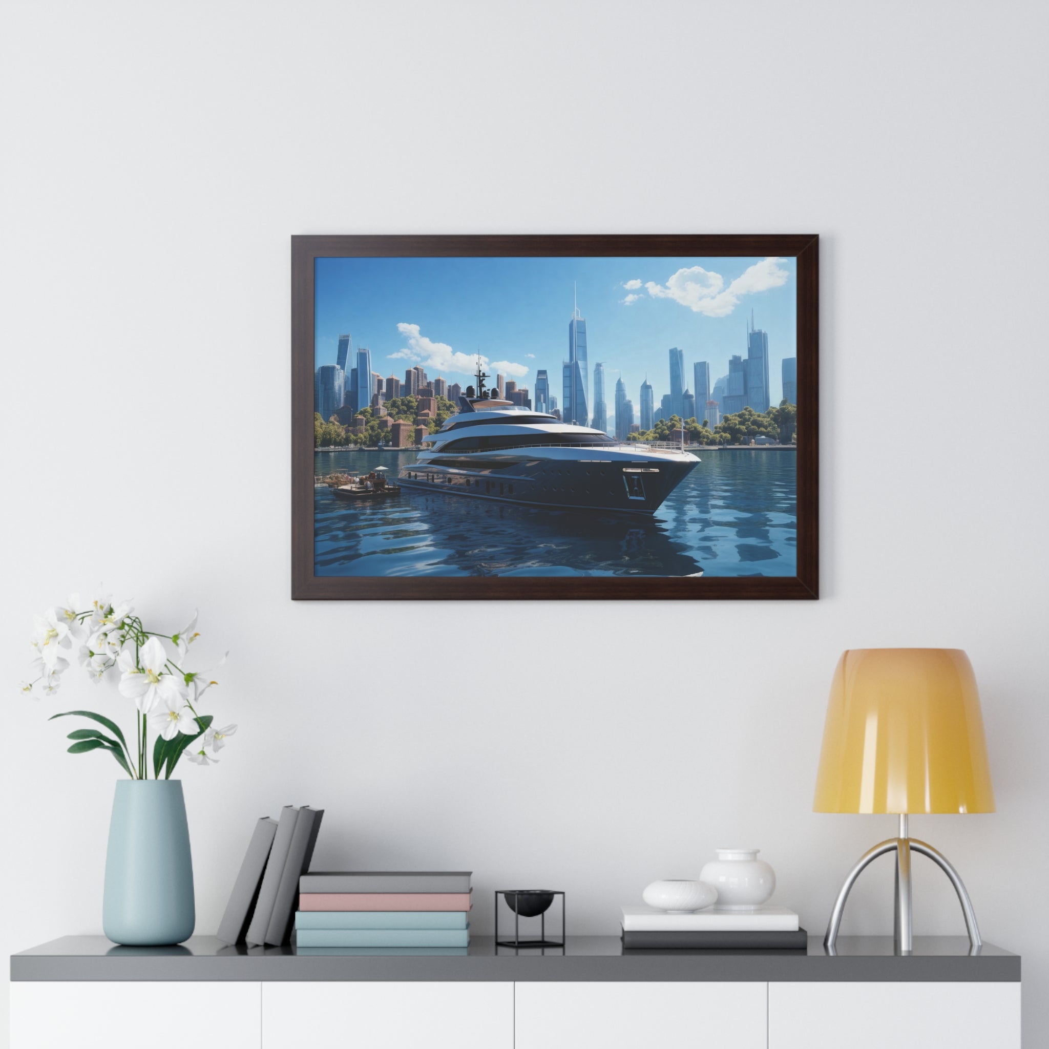 Luxury Waterfront Serenity – Framed Yacht & Skyline Wall Decor