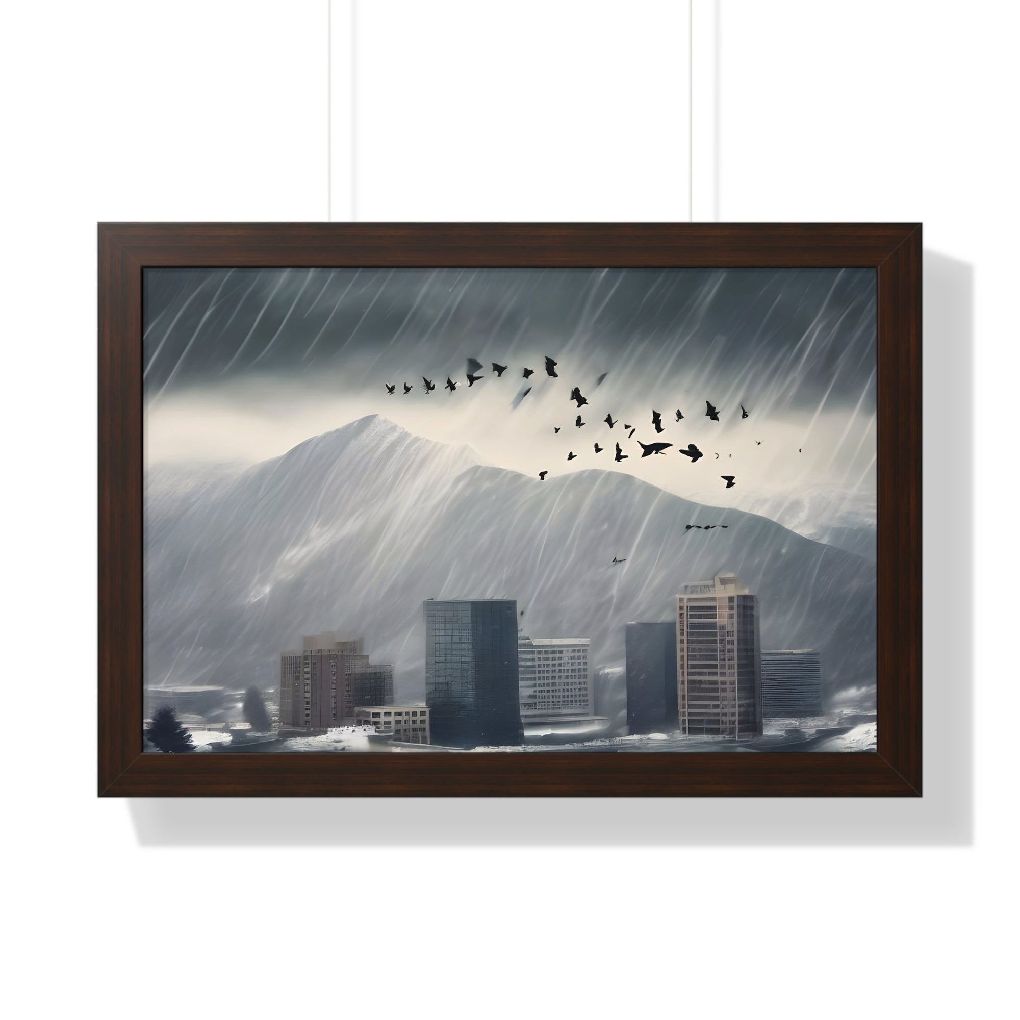 Urban Downpour with Birds in Flight – Futuristic Wall Print