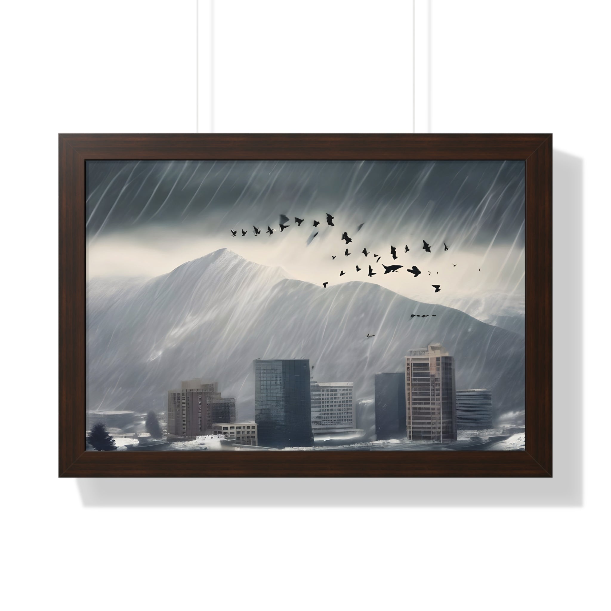 Urban Downpour with Birds in Flight – Futuristic Wall Print