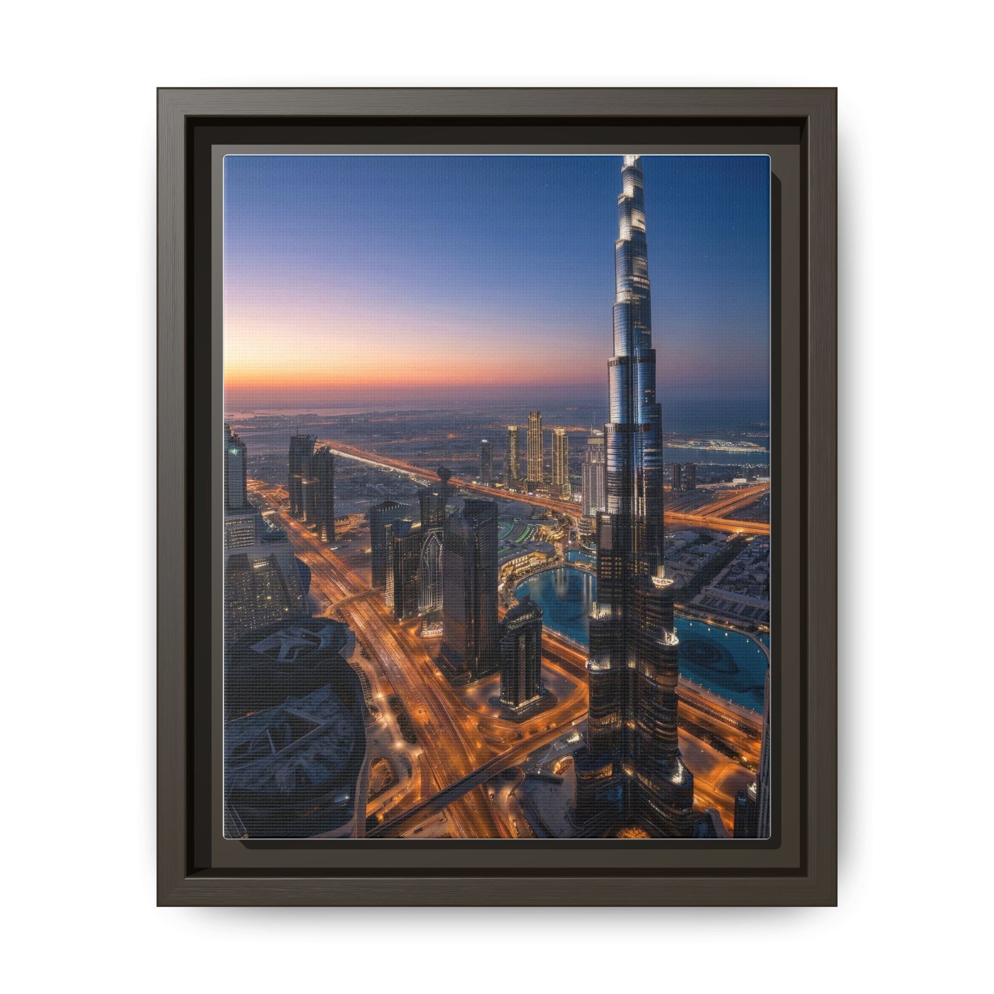 Framed Dubai Skyline at Dusk – Stunning Cityscape Wall Art