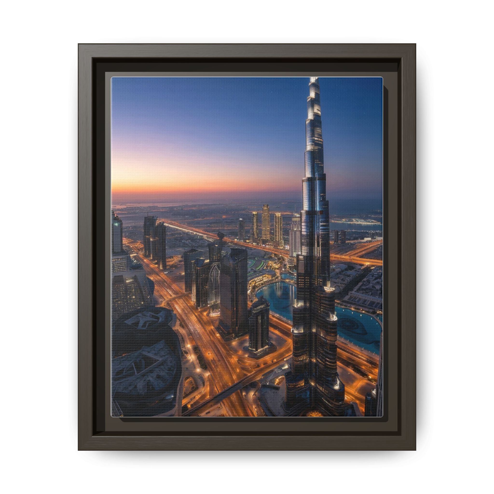 Framed Dubai Skyline at Dusk – Stunning Cityscape Wall Art