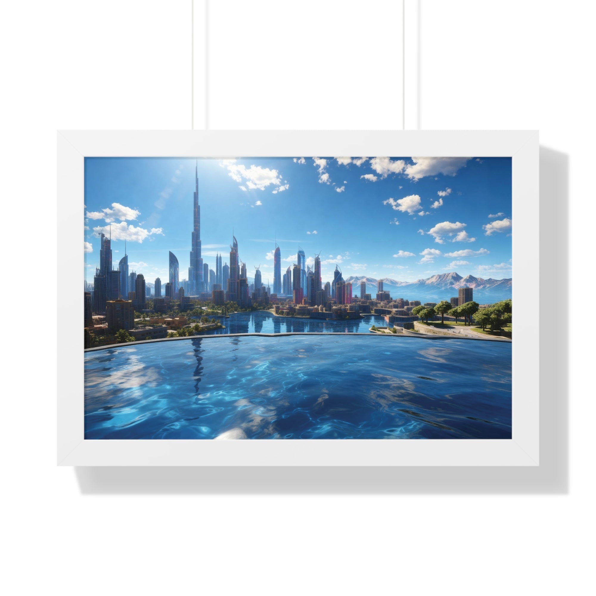 Infinity Pool Skyline View – Framed Luxury Wall Art with Cityscape and Mountain Backdrop