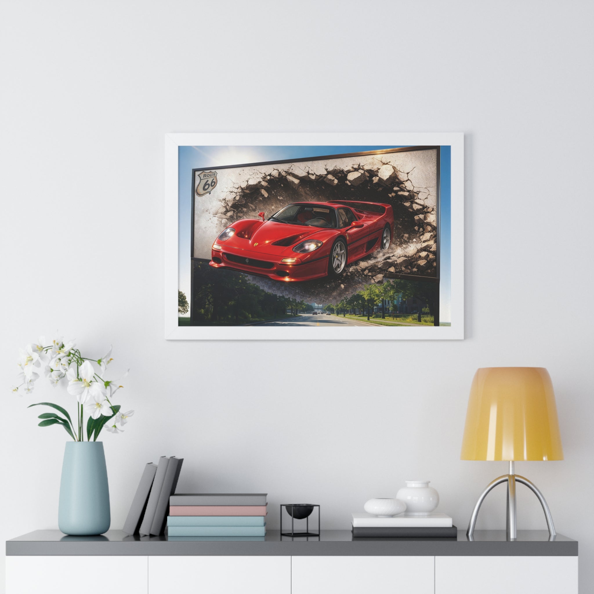 Ferrari F50 Breaking Through Wall – 4K Supercar Canvas