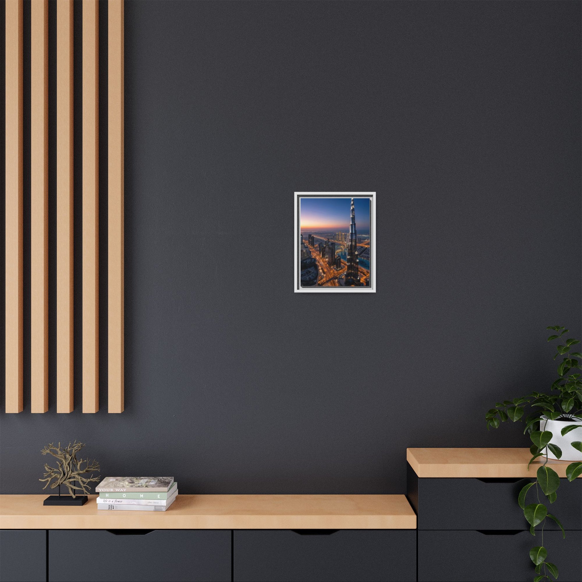 Framed Dubai Skyline at Dusk – Stunning Cityscape Wall Art