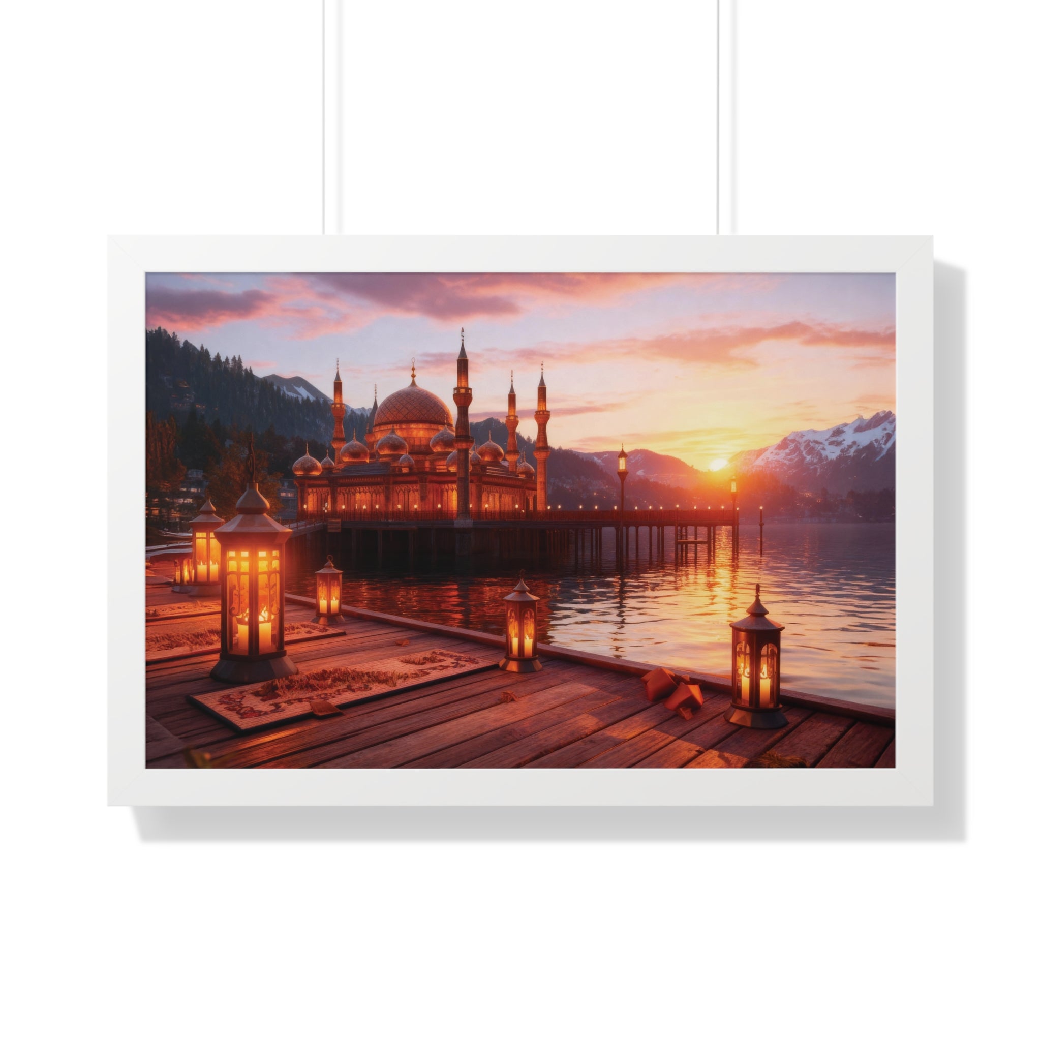 Twilight Serenity – Illuminated Mosque Reflections Framed Wall Art