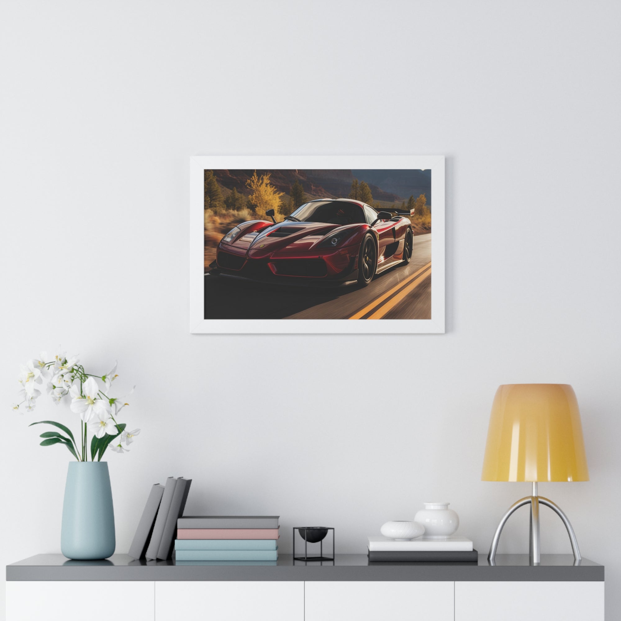 Red Ferrari F50 – Framed Poster in Majestic Mountain Setting