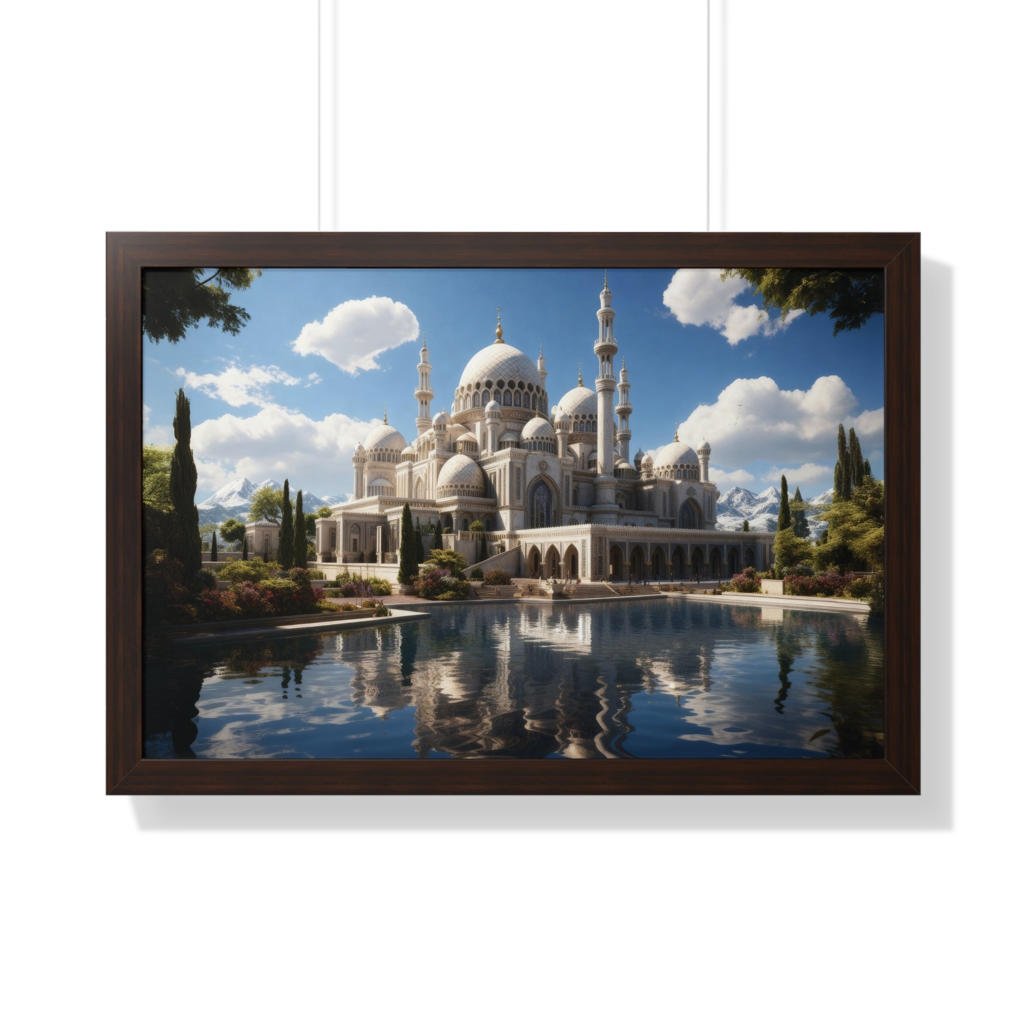 Reflections of Faith – Framed Islamic Mosque Wall Art with Scenic Lake & Mountain Backdrop