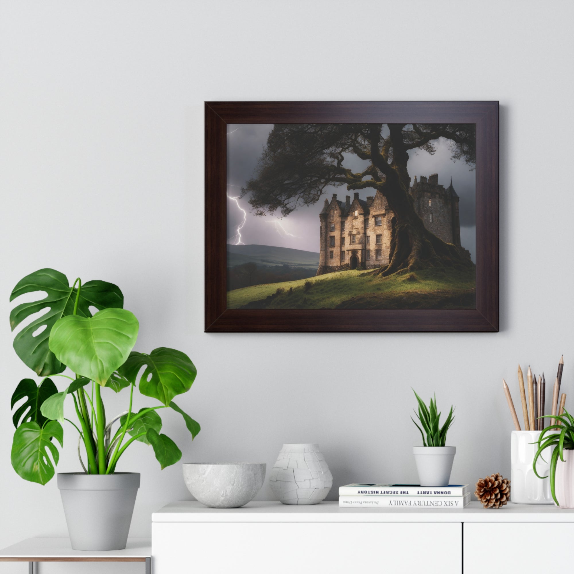 Haunted Scottish Castle Wall Art – Lightning Storm & Ancient Tree Landscape Print