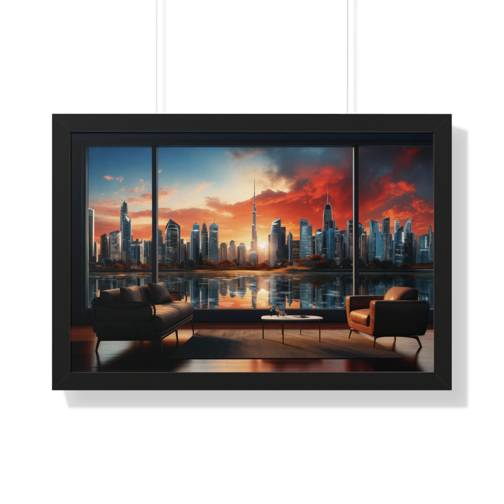 Framed Luxury City View – Modern Living Room Wall Art with Skyline Sunset Reflection