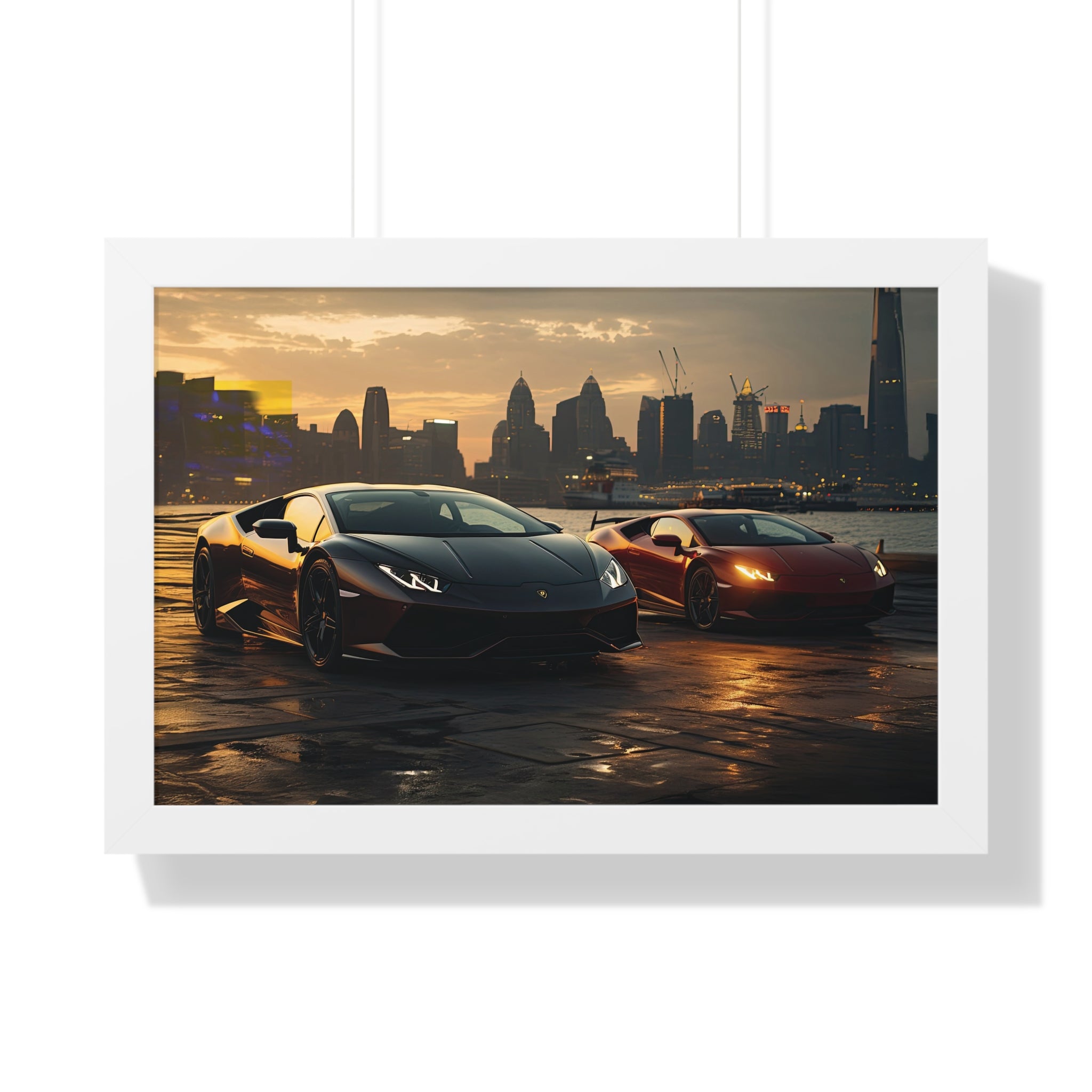 Lamborghinis Parked on a Waterfront at Sunset