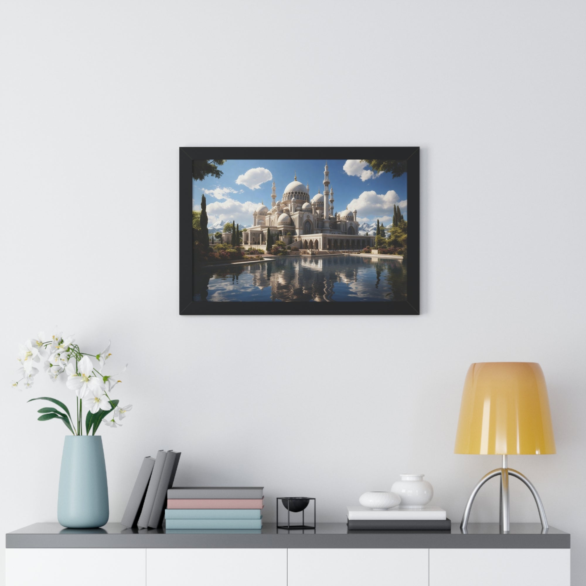 Reflections of Faith – Framed Islamic Mosque Wall Art with Scenic Lake & Mountain Backdrop